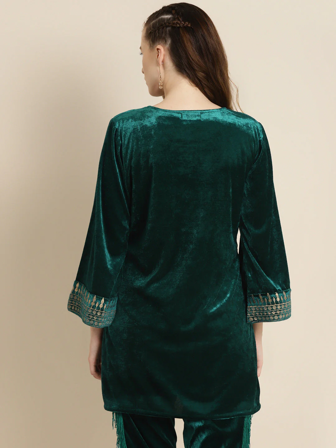 Teal Velvet Zari Embroidered Short Kurta - Image 4