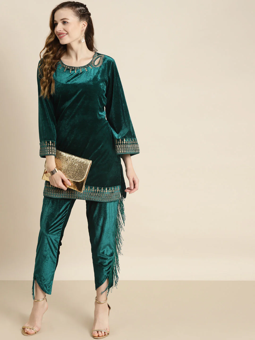 Teal Velvet Zari Embroidered Short Kurta - Image 5
