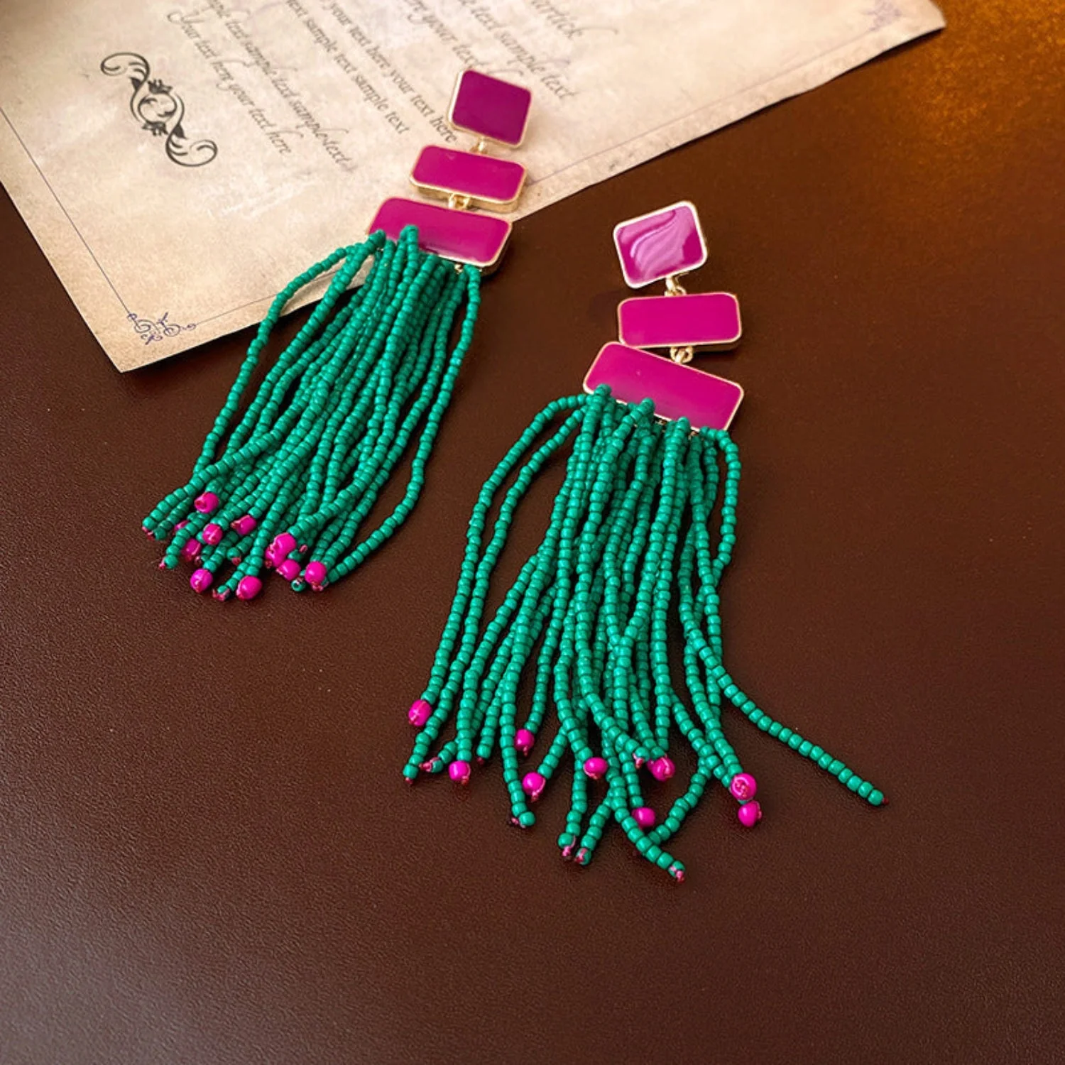 Trendy Pink & Green Beaded Fringe Earring