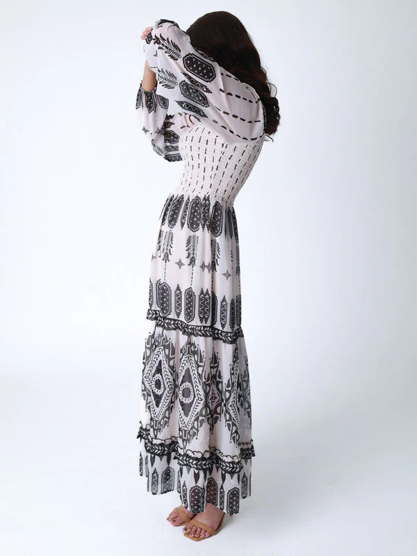 Women Tribal Print Smocked Bodice Long Dress - Image 3