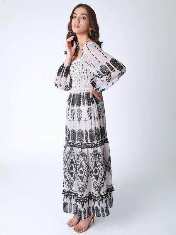 Women Tribal Print Smocked Bodice Long Dress - Image 4