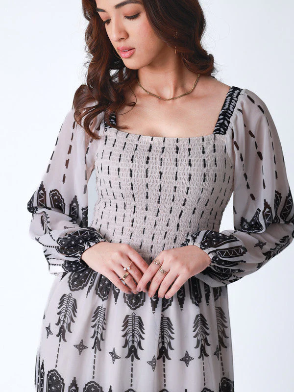 Women Tribal Print Smocked Bodice Long Dress - Image 5