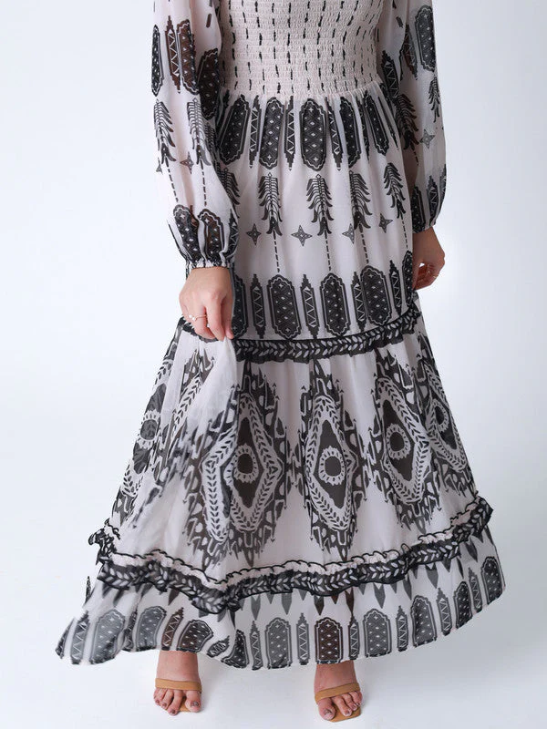 Women Tribal Print Smocked Bodice Long Dress - Image 6