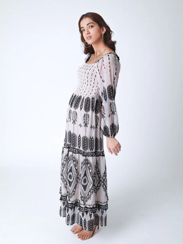 Women Tribal Print Smocked Bodice Long Dress - Image 8