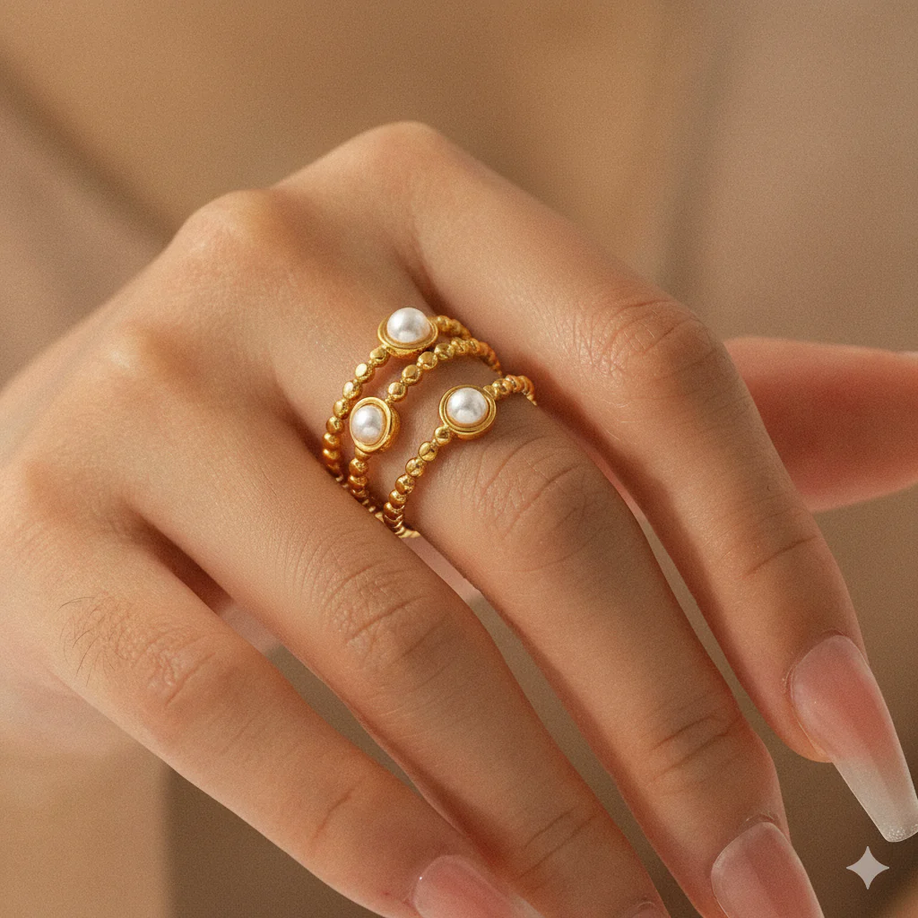 Triple-Band Beaded Gold Open Ring With Dual Pearls - Image 2