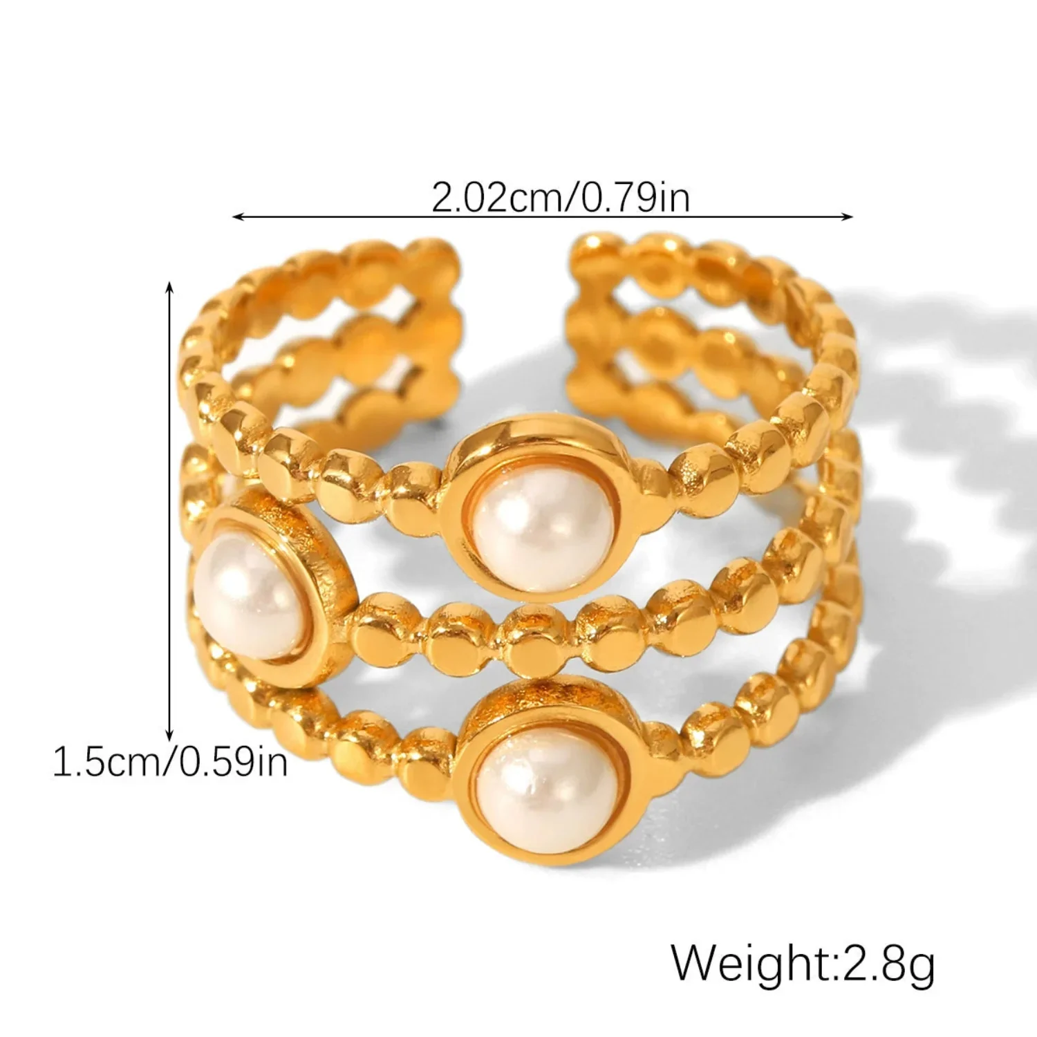 Triple-Band Beaded Gold Open Ring With Dual Pearls - Image 3