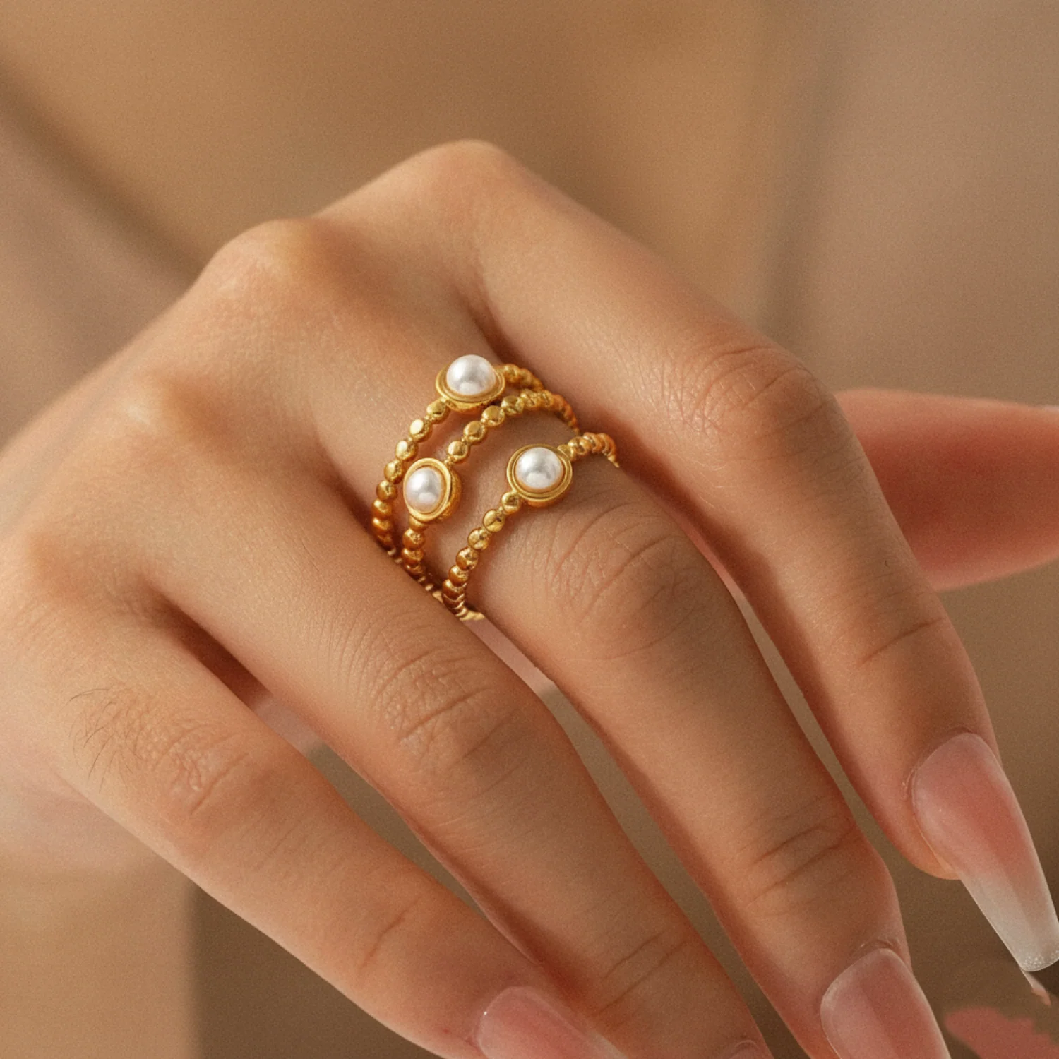 Triple-Band Beaded Gold Open Ring With Dual Pearls - Image 4