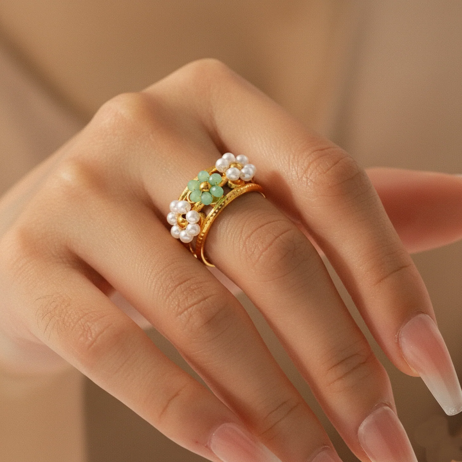 Triple Flower Gold Wide Cuff Ring With Pearl & Mint Accents - Image 2