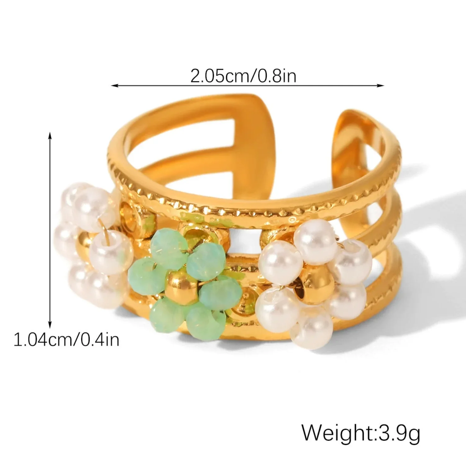 Triple Flower Gold Wide Cuff Ring With Pearl & Mint Accents - Image 3