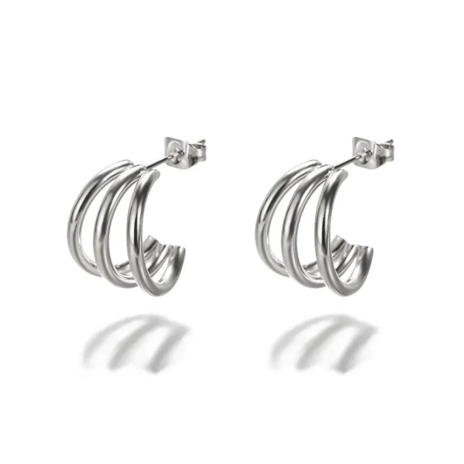Triple Silver C-Hoop Stud Earrings