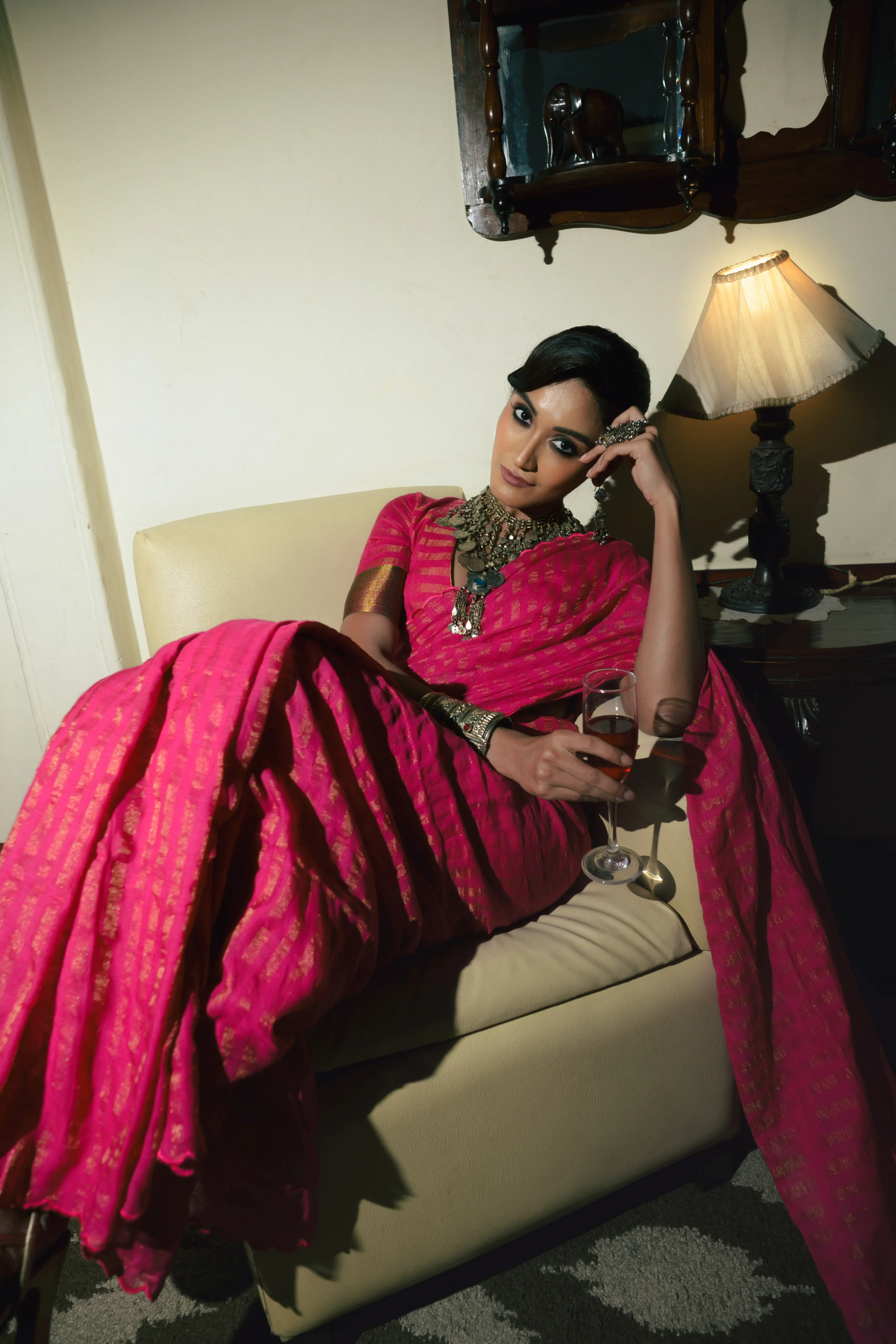 Twin Realm Pink Handloom Cotton Saree with Zari Stripes and Scalloped Border - Image 4