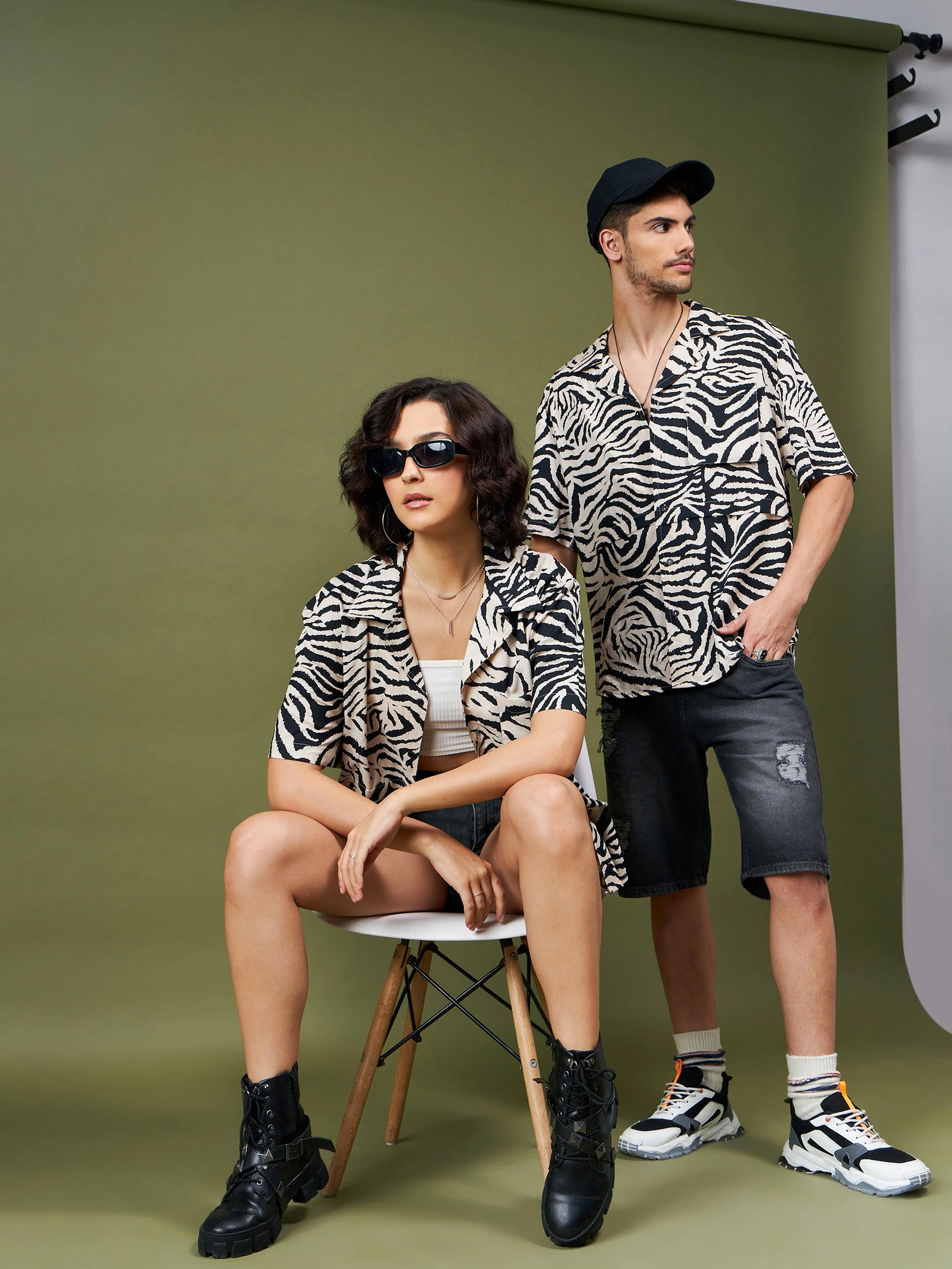 Unisex Beige & Black Animal Print Relax Fit Shirt - Image 2