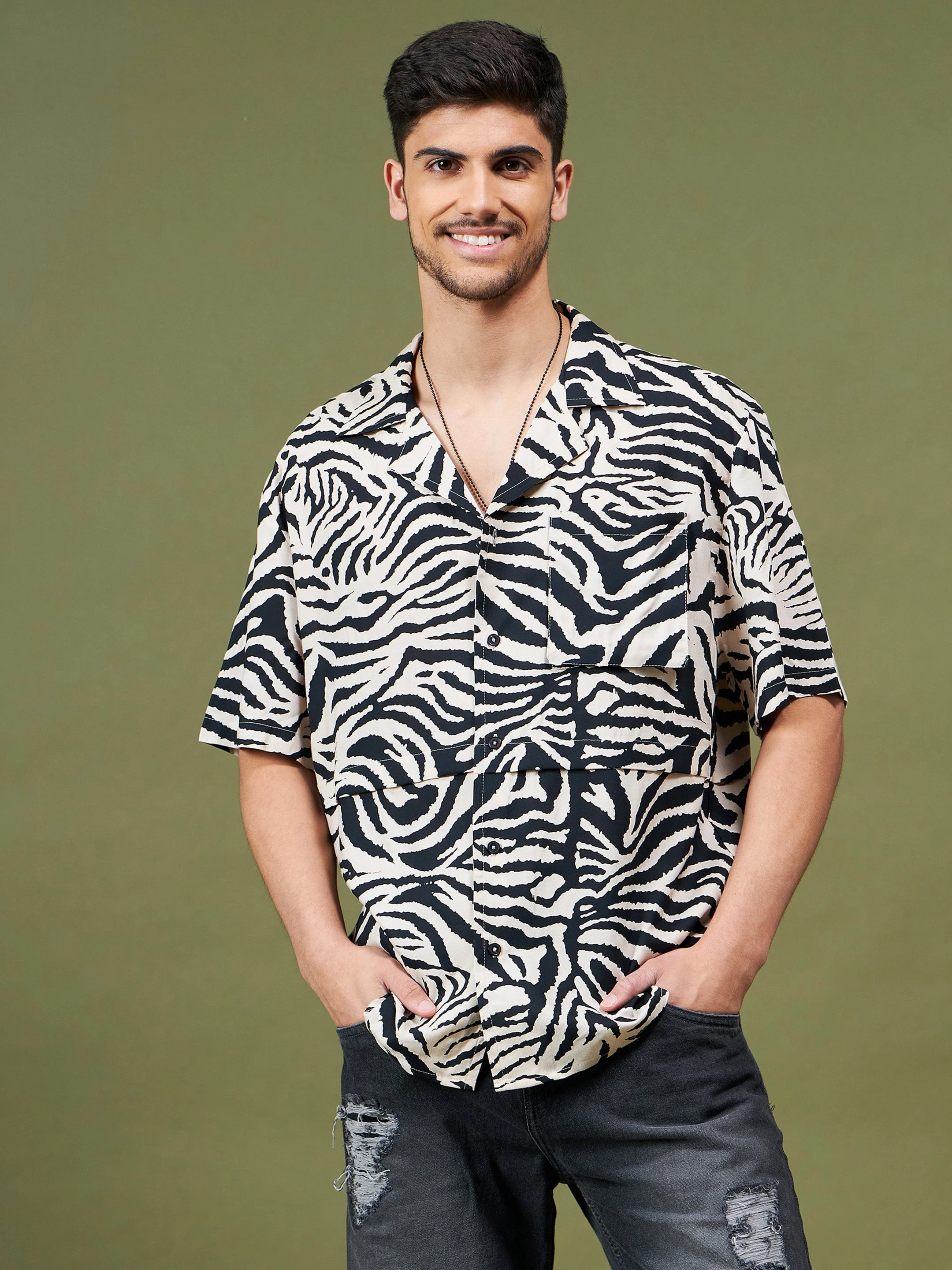 Unisex Beige & Black Animal Print Relax Fit Shirt - Image 3