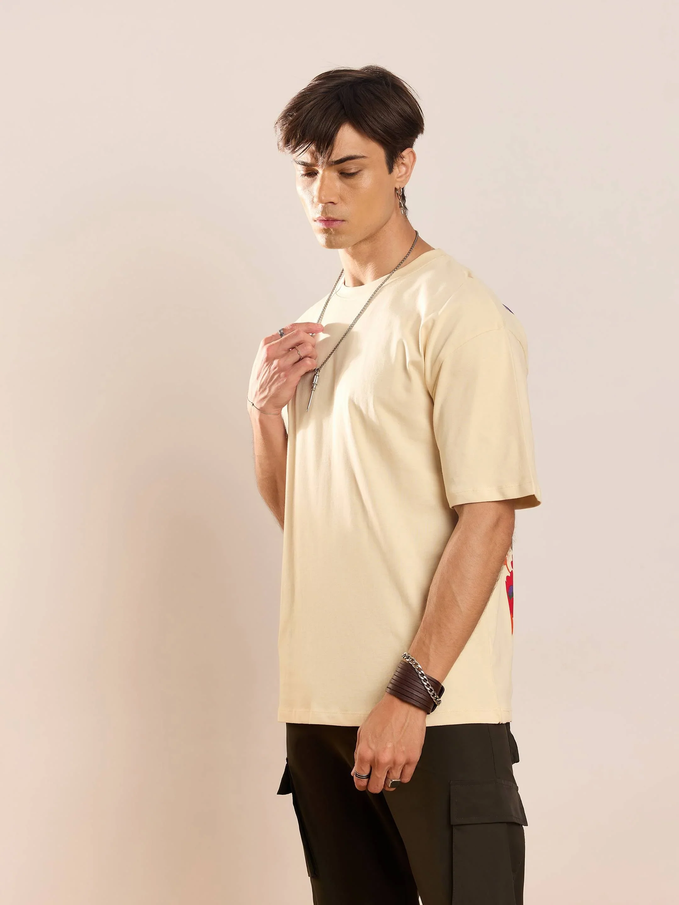 Beige Floral Back Print Oversized T-Shirt - Image 3