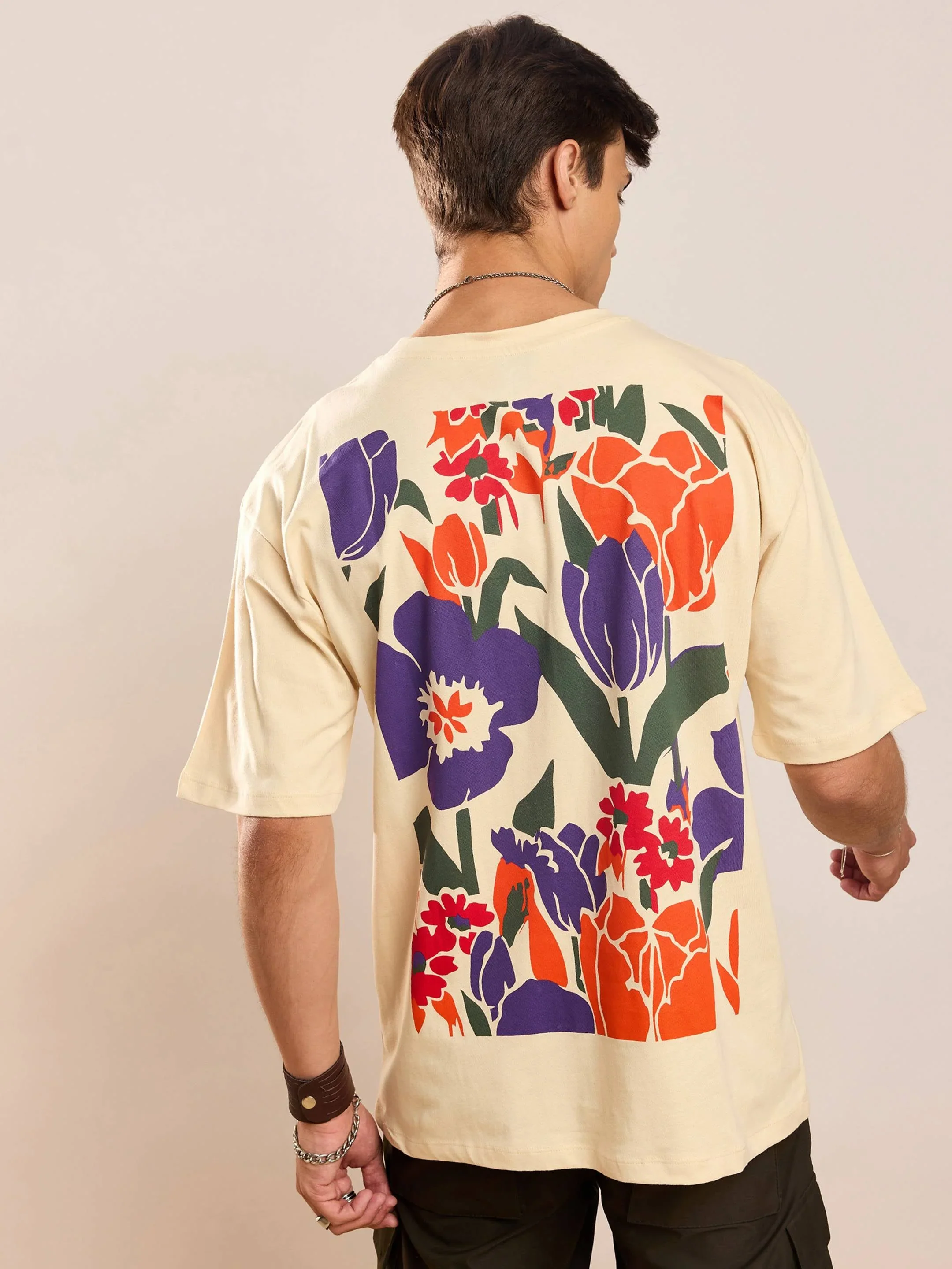 Beige Floral Back Print Oversized T-Shirt - Image 4