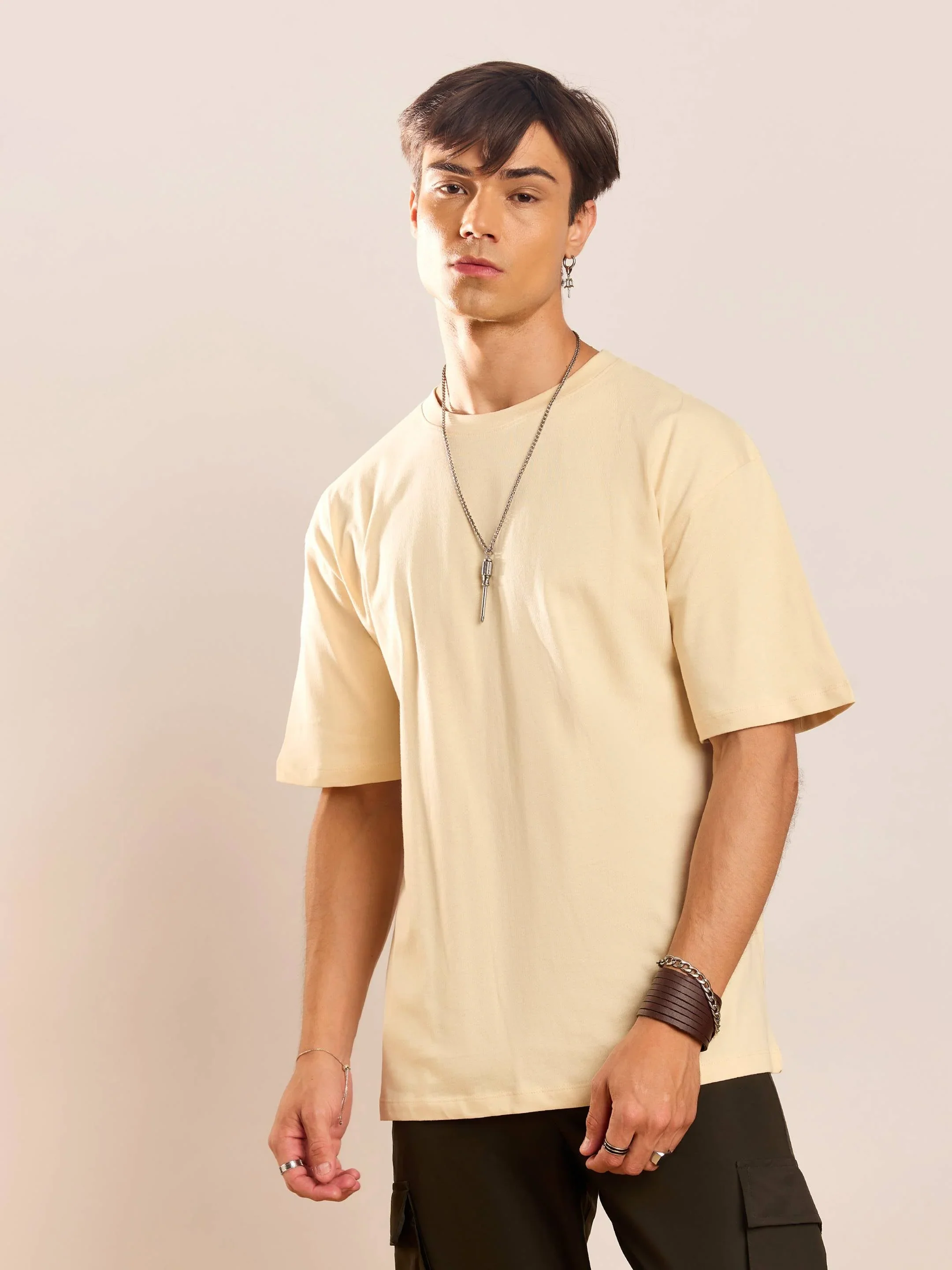 Beige Floral Back Print Oversized T-Shirt - Image 5