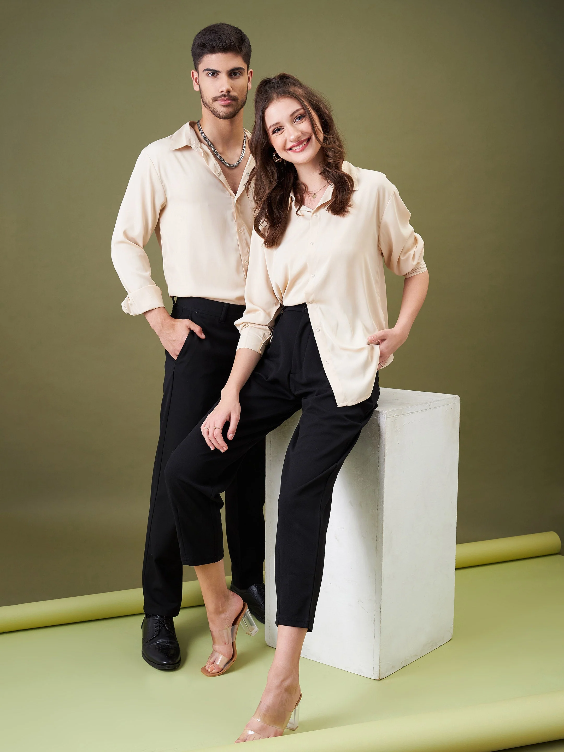 Unisex Beige Satin Relax Fit Shirt - Image 2