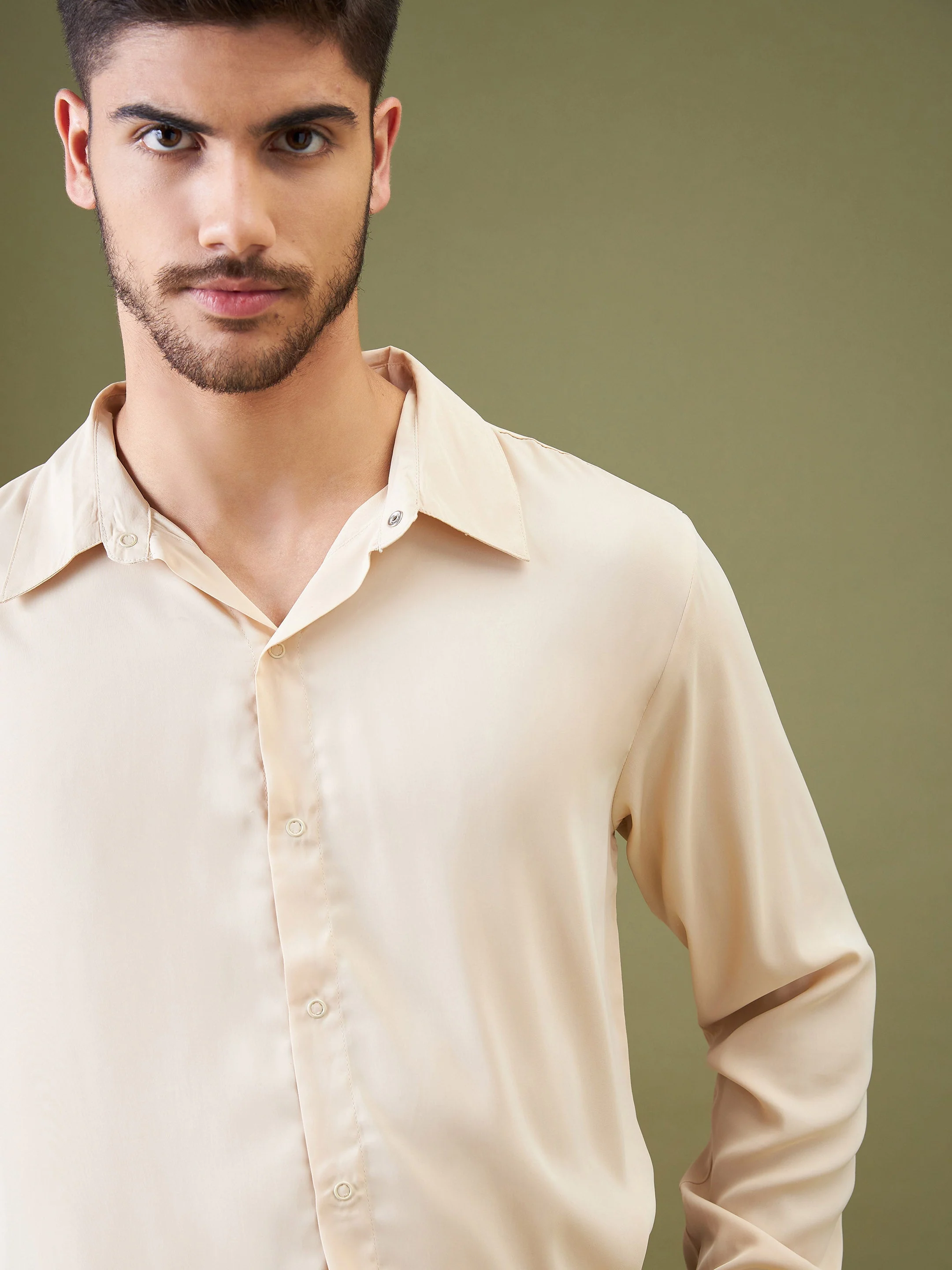 Unisex Beige Satin Relax Fit Shirt - Image 3
