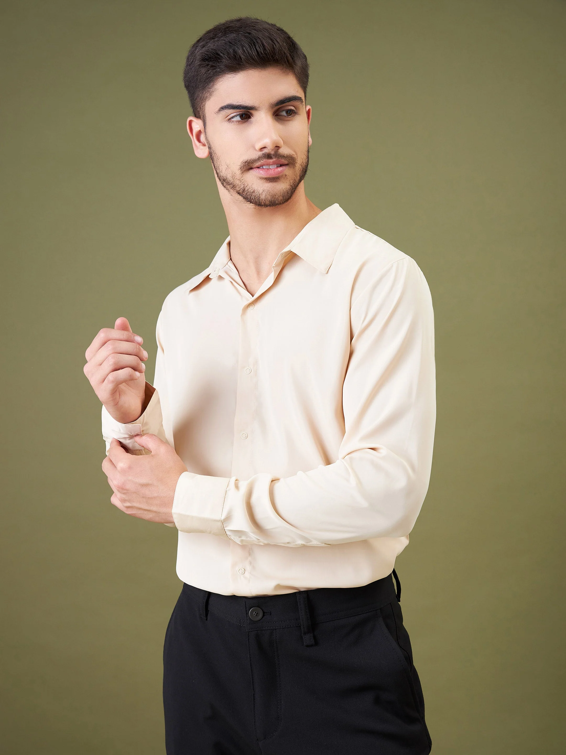 Unisex Beige Satin Relax Fit Shirt - Image 4