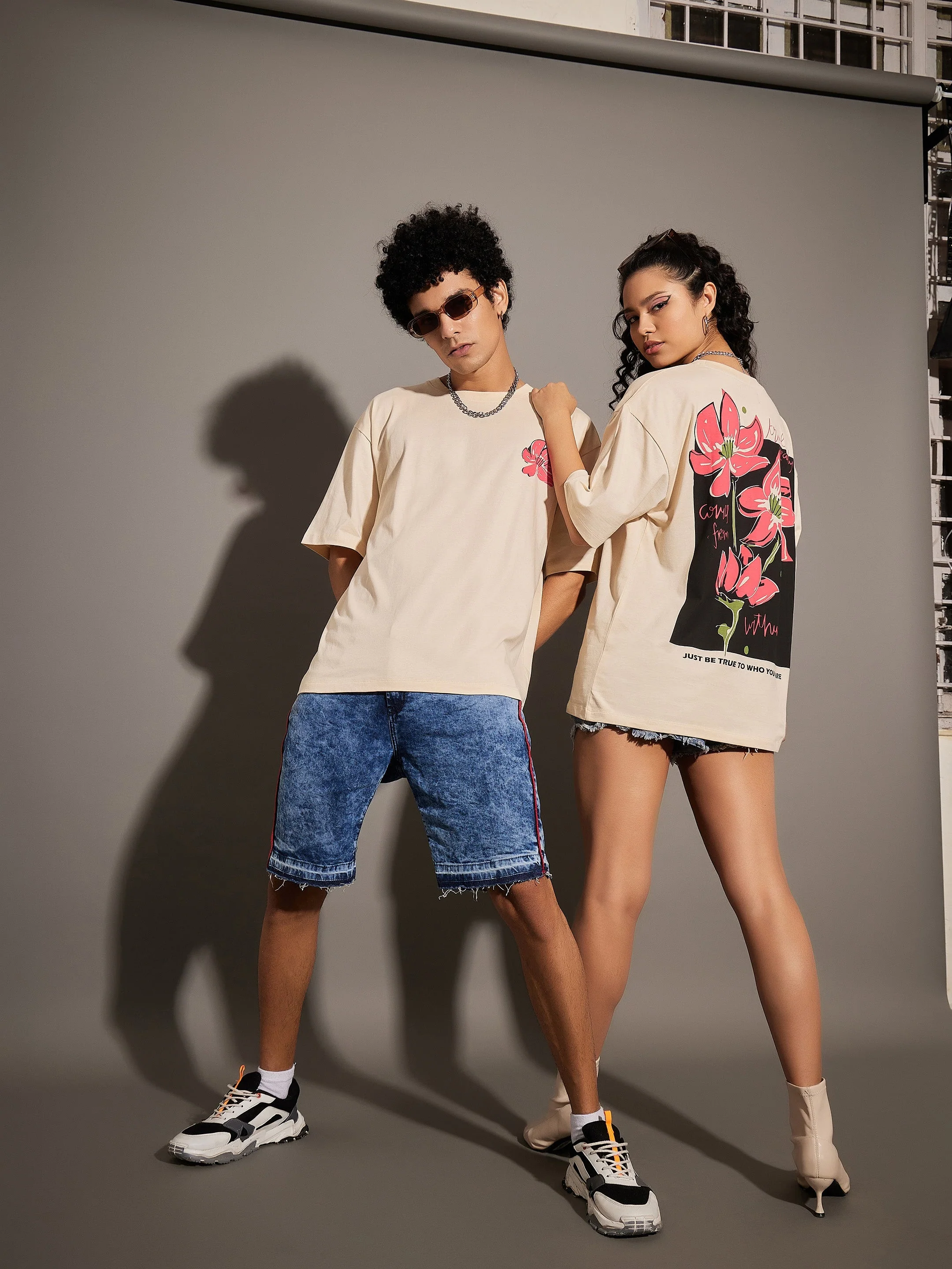 Unisex Beige True Floral Print Oversized T-Shirt - Image 2