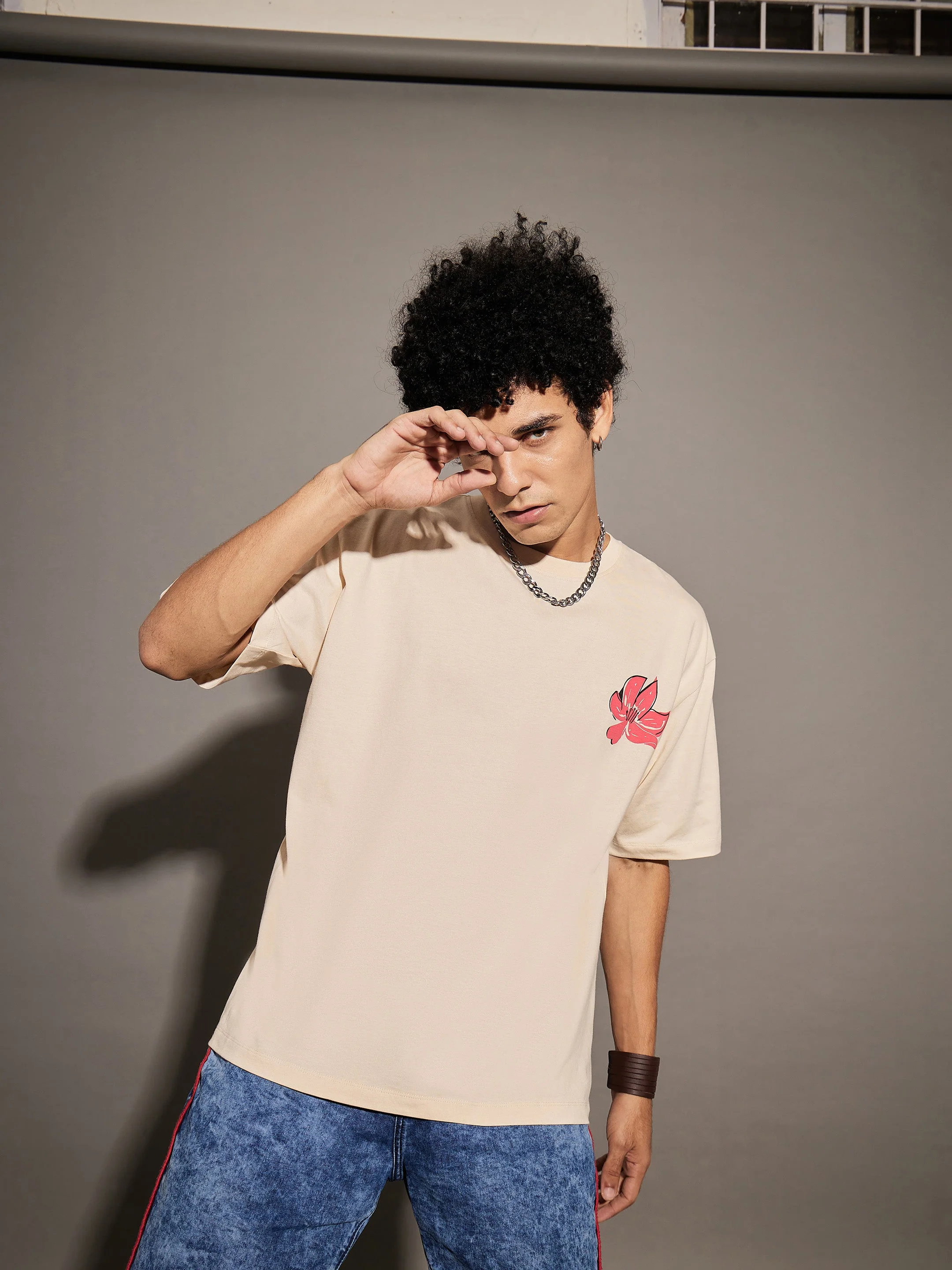 Unisex Beige True Floral Print Oversized T-Shirt - Image 6