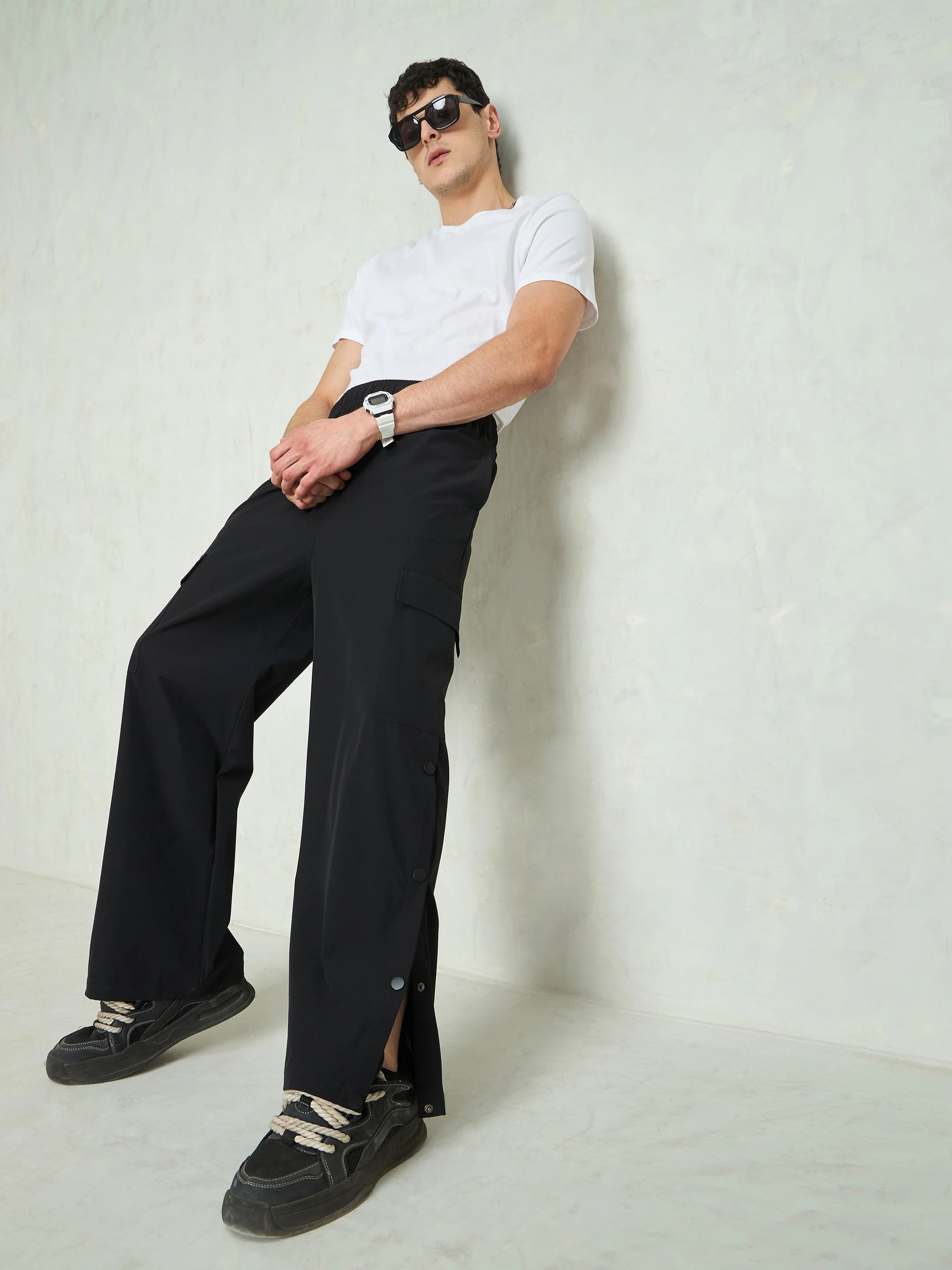 Unisex Black Button Detail Baggy Parachute Pants - Image 2