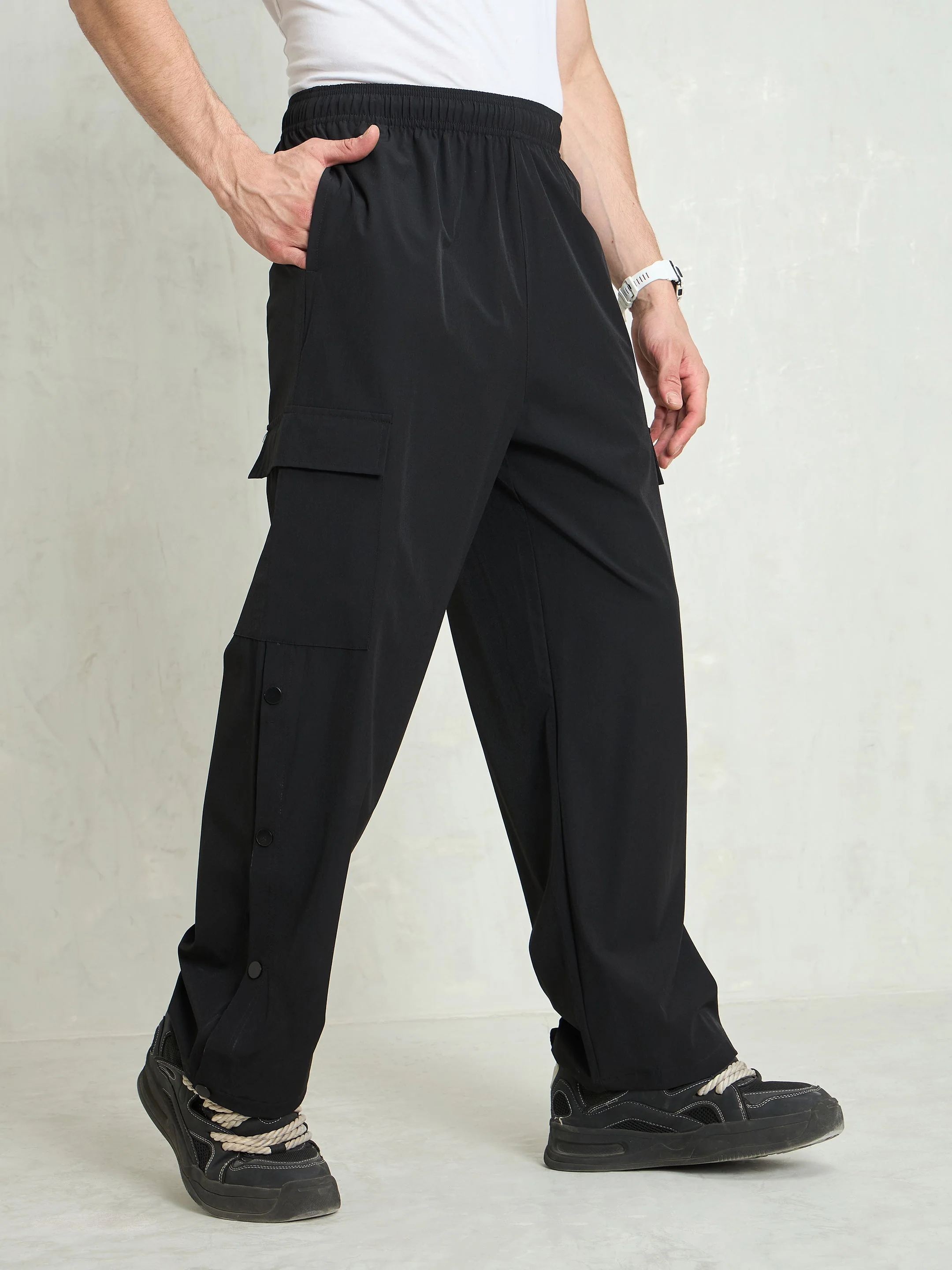 Unisex Black Button Detail Baggy Parachute Pants - Image 3