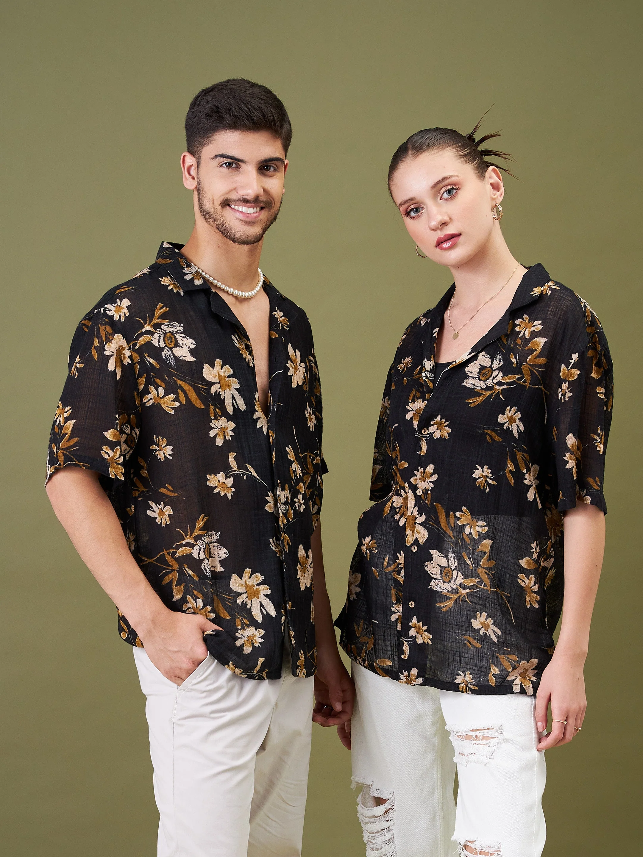 Unisex Black Floral Relax Fit Shirt - Image 4