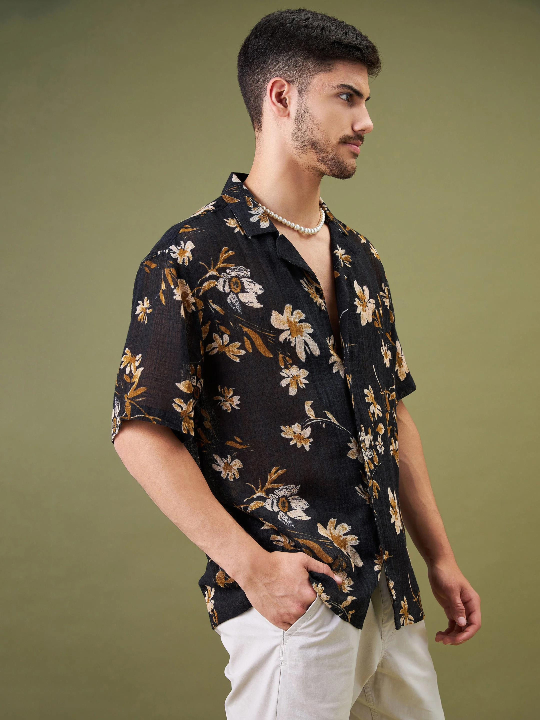 Unisex Black Floral Relax Fit Shirt - Image 6