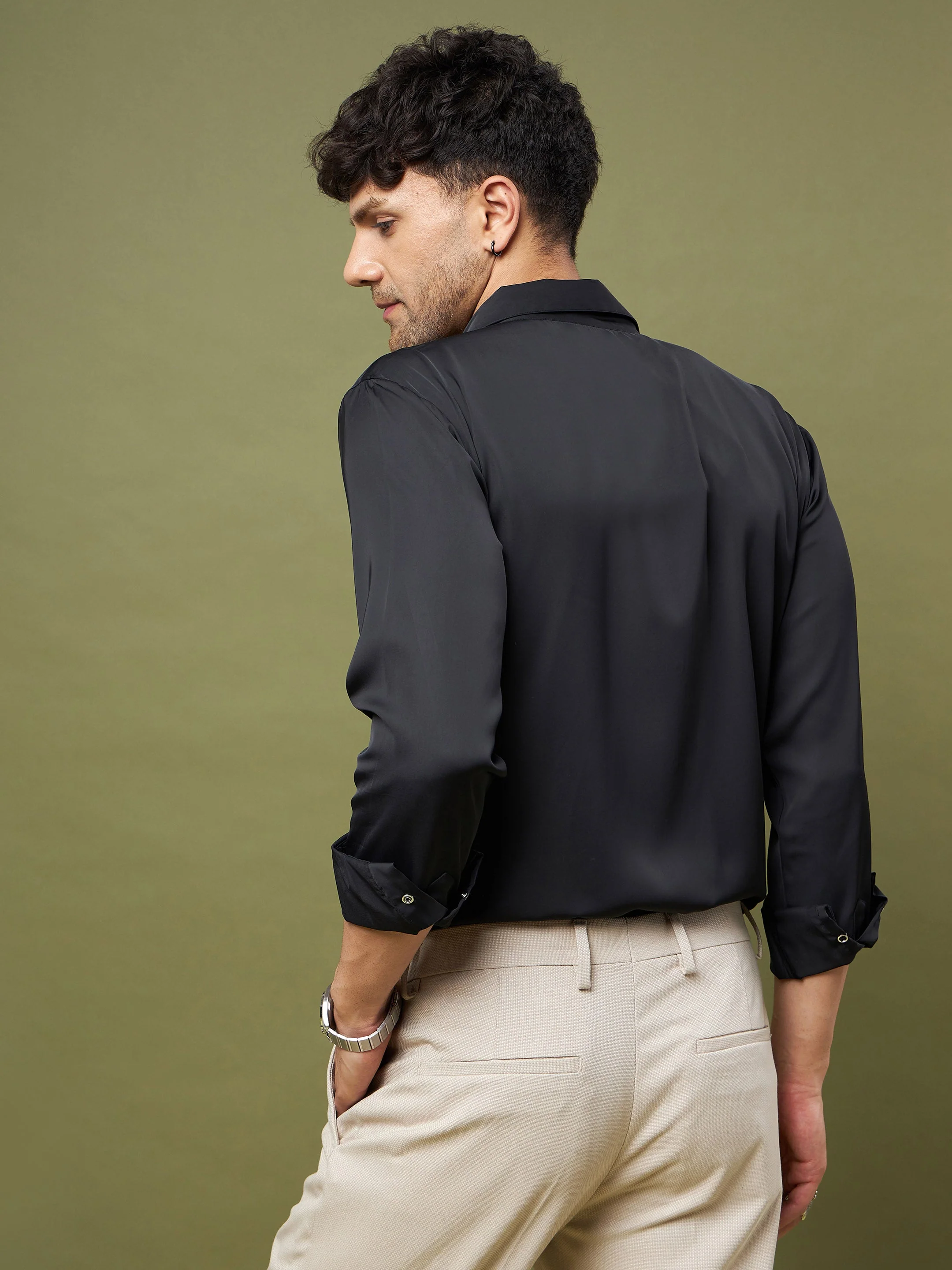 Unisex Black Satin Relax Fit Shirt - Image 2