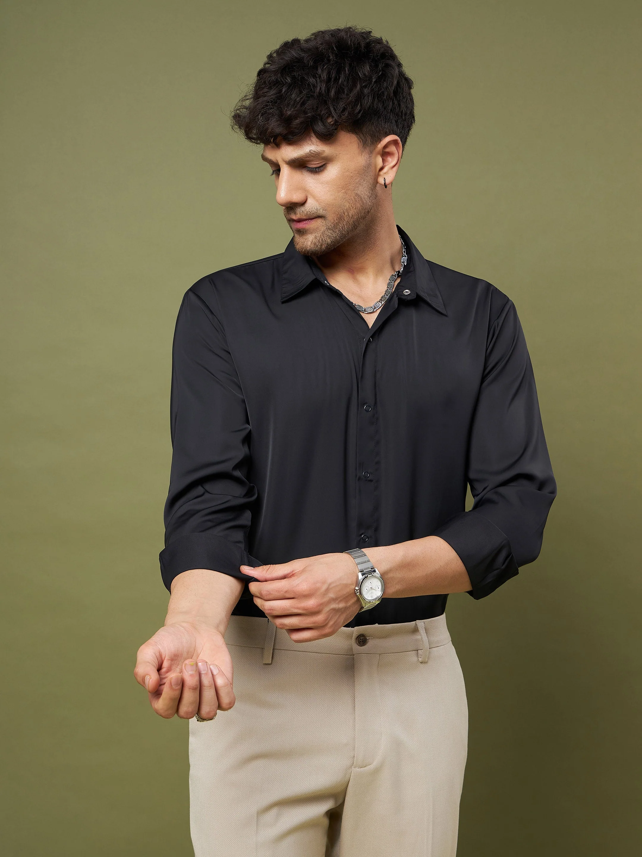 Unisex Black Satin Relax Fit Shirt - Image 4