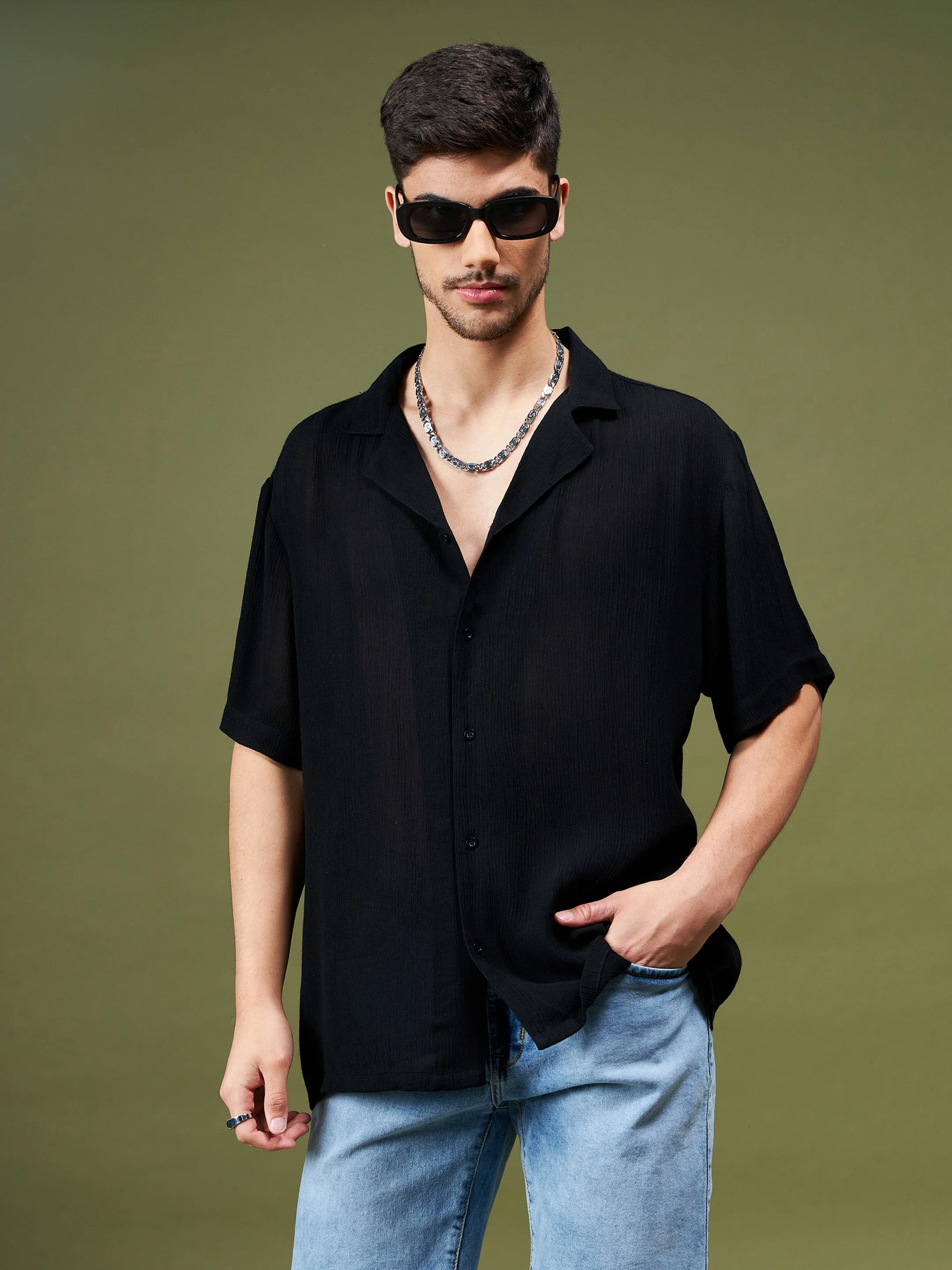 Unisex Black Solid Relax Fit Shirt - Image 6