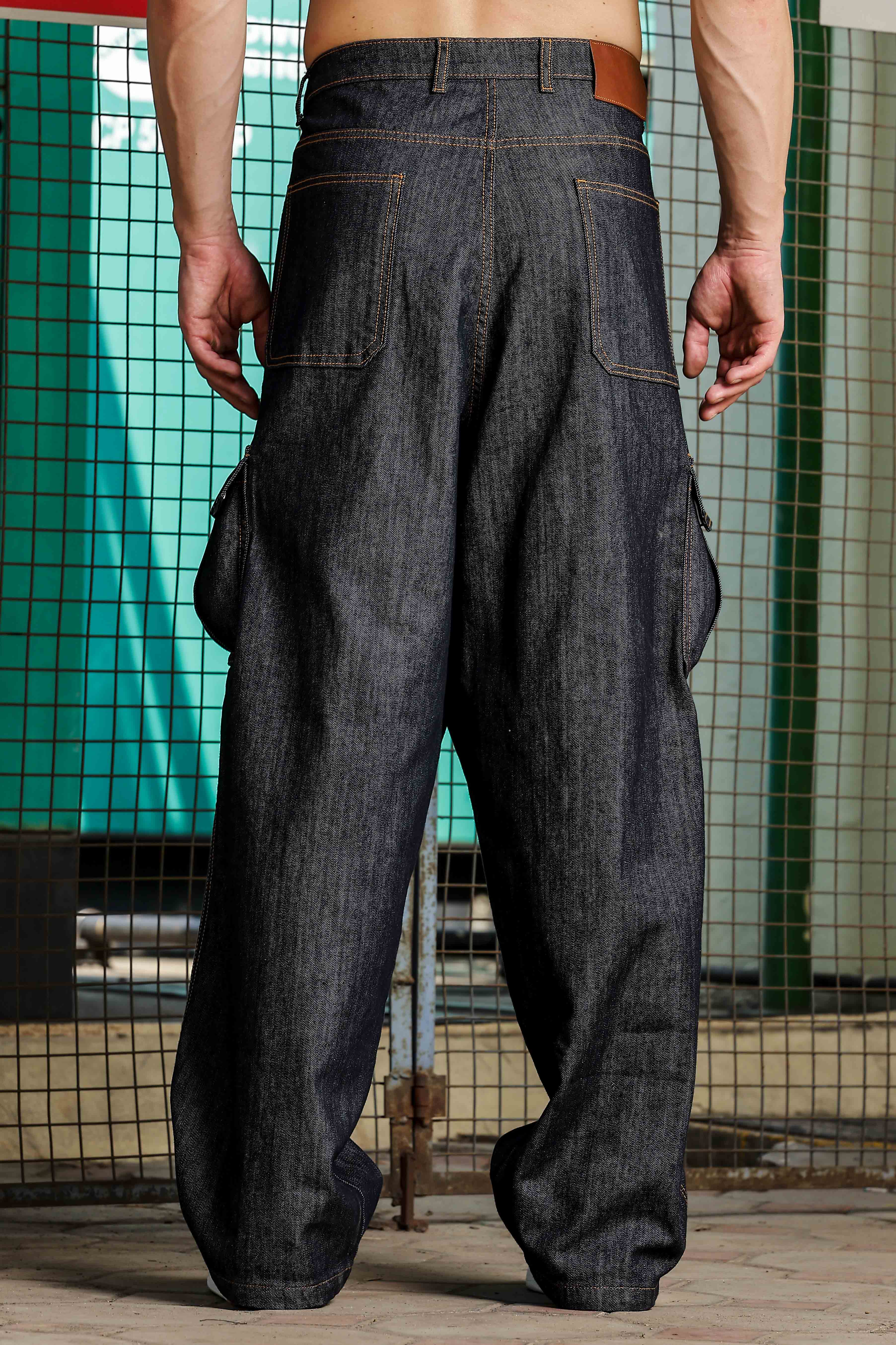 Unisex Blue Denim Cargo Trousers - Image 3