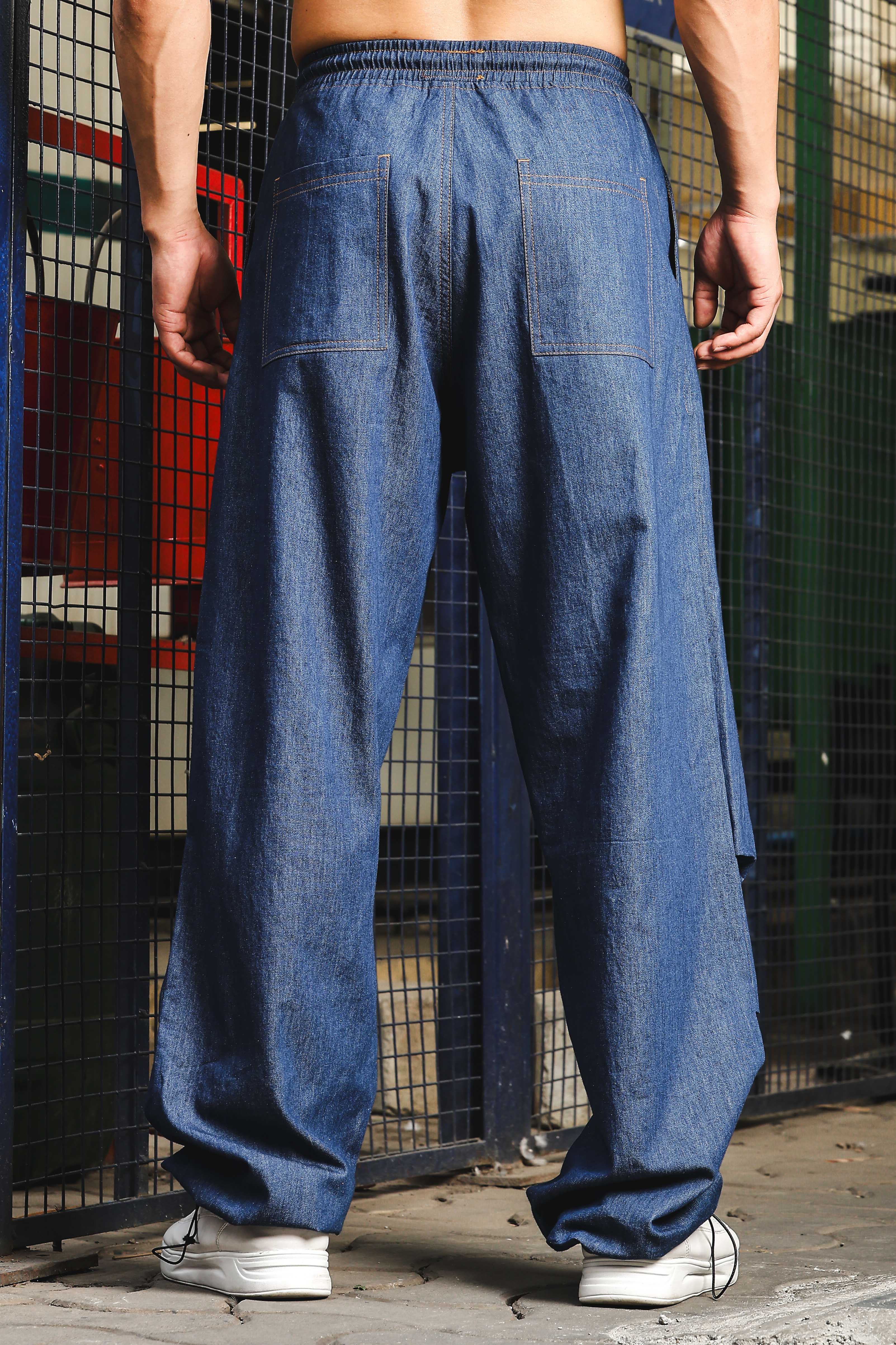 Unisex Blue Denim Parachte Cargo Trousers - Image 4