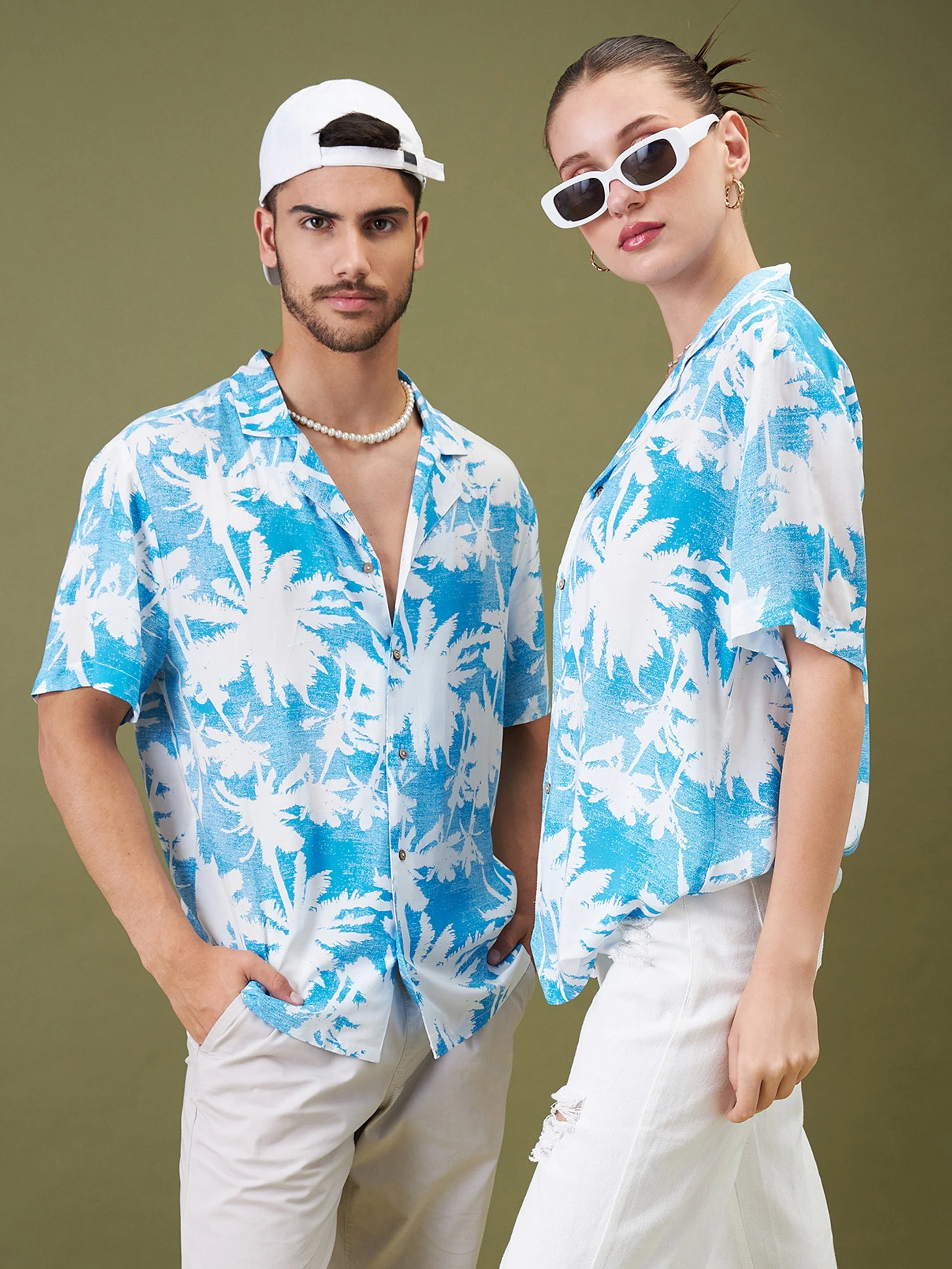 Unisex Blue & White Tropical Floral Relax Fit Shirt - Image 2