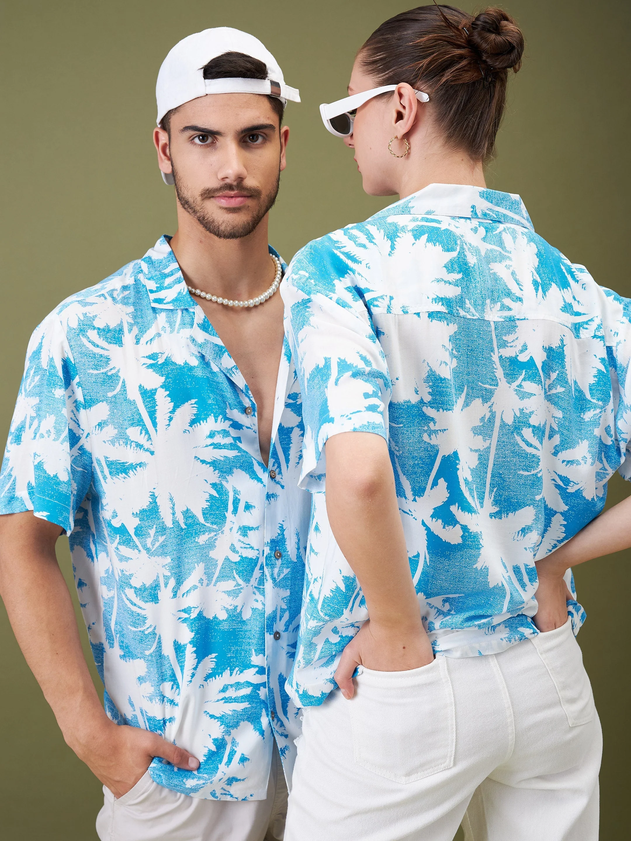 Unisex Blue & White Tropical Floral Relax Fit Shirt - Image 3