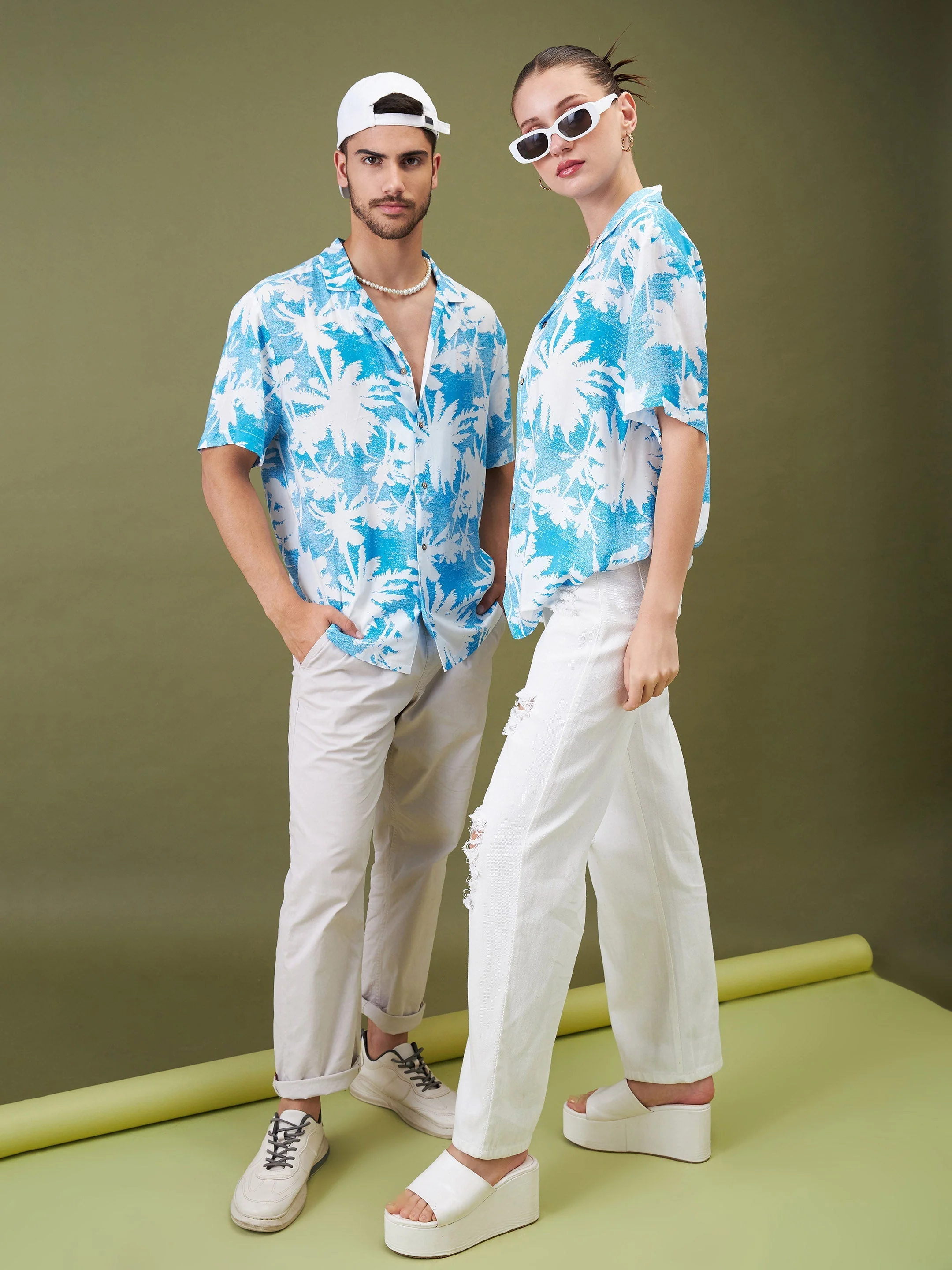 Unisex Blue & White Tropical Floral Relax Fit Shirt - Image 5