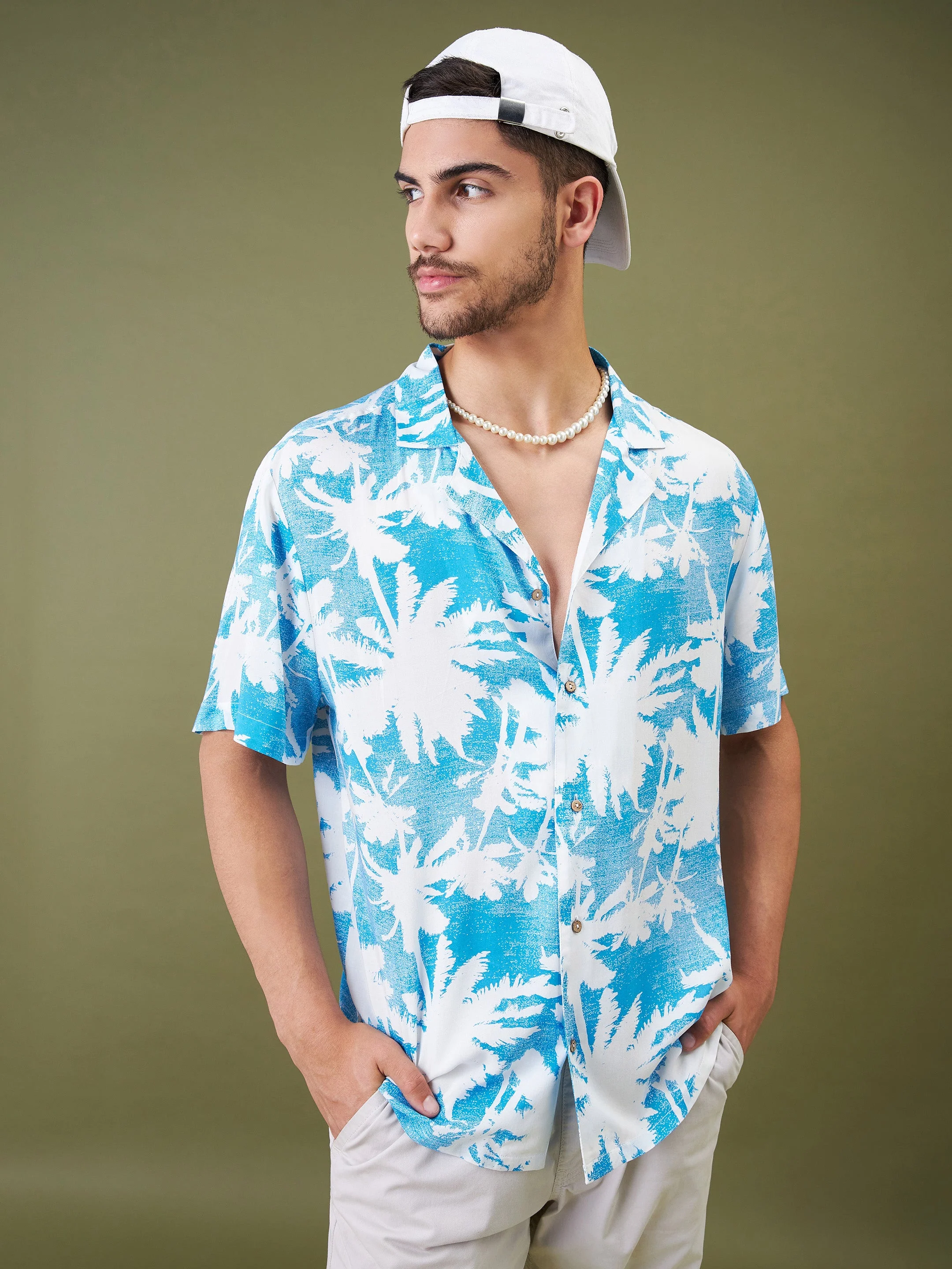 Unisex Blue & White Tropical Floral Relax Fit Shirt - Image 6