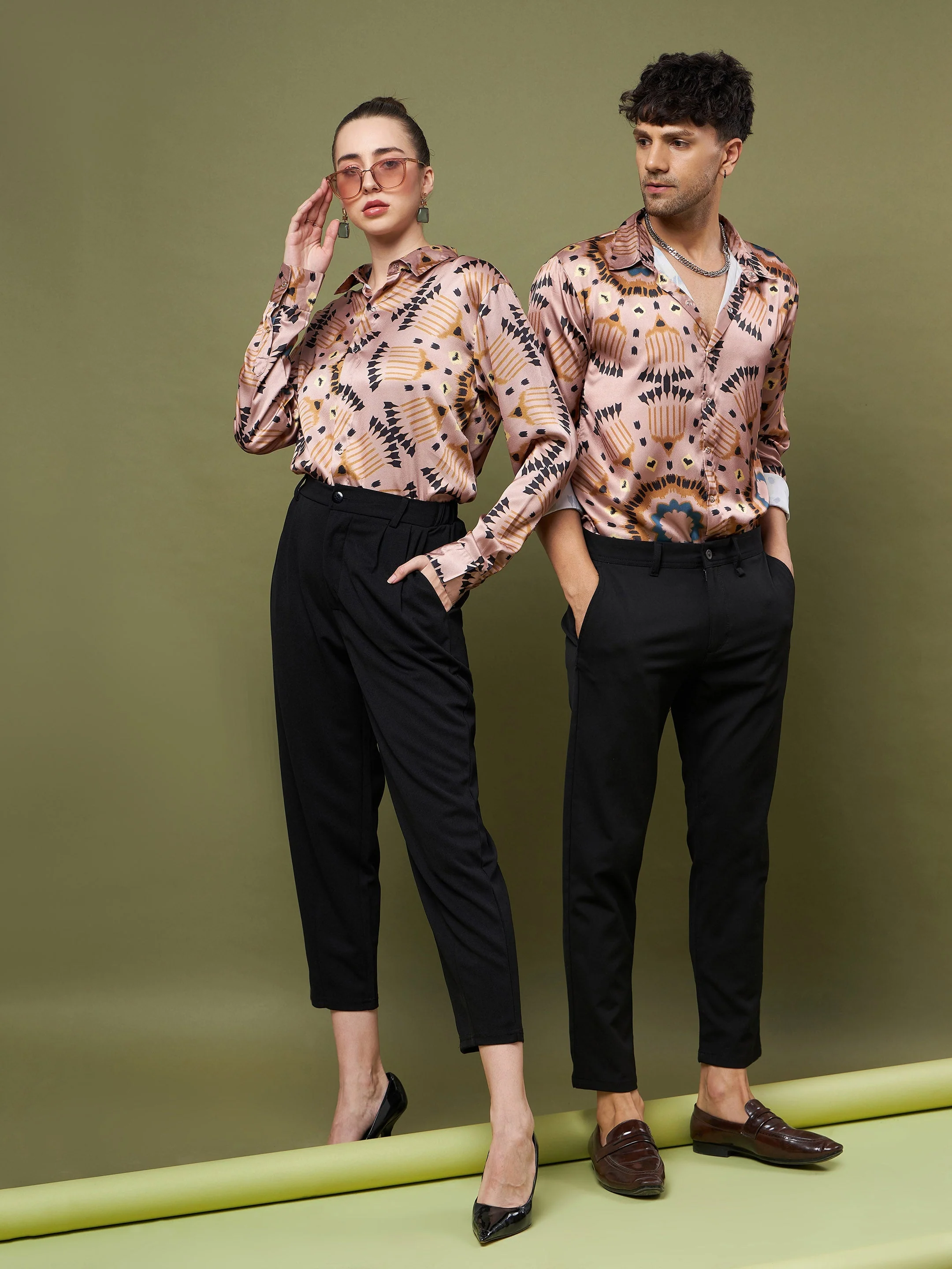 Women Brown Black Satin Relax Fit Shirt - Image 2