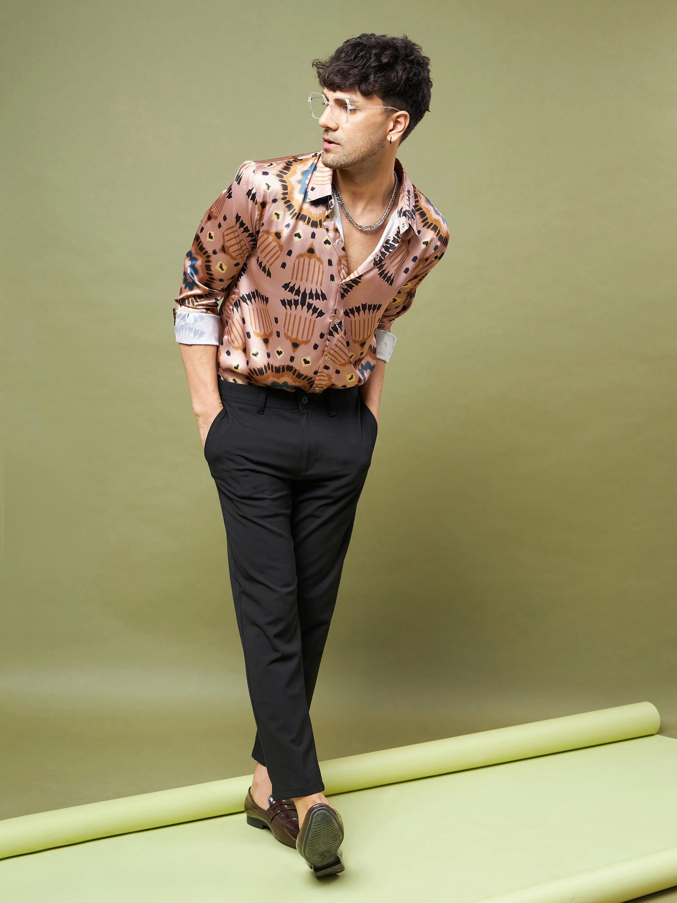 Women Brown Black Satin Relax Fit Shirt - Image 3