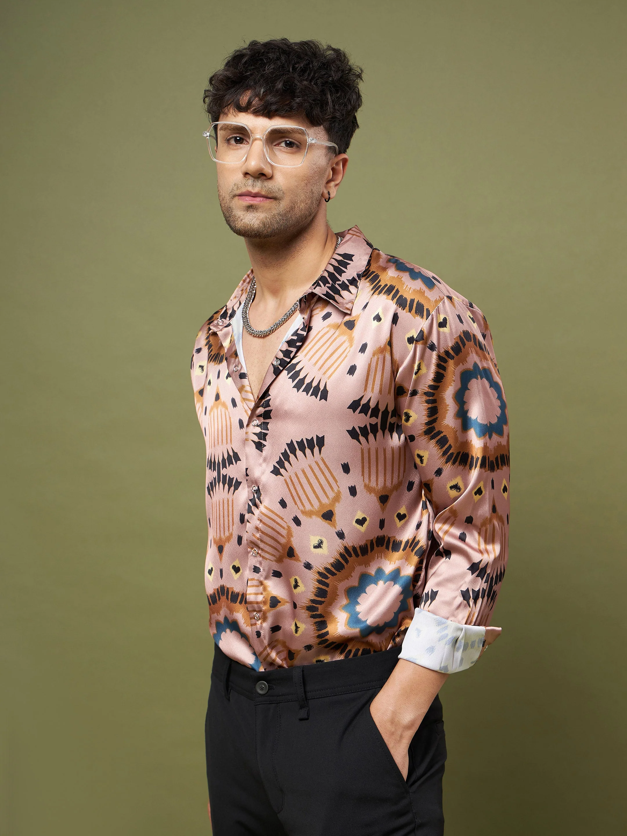 Women Brown Black Satin Relax Fit Shirt - Image 5