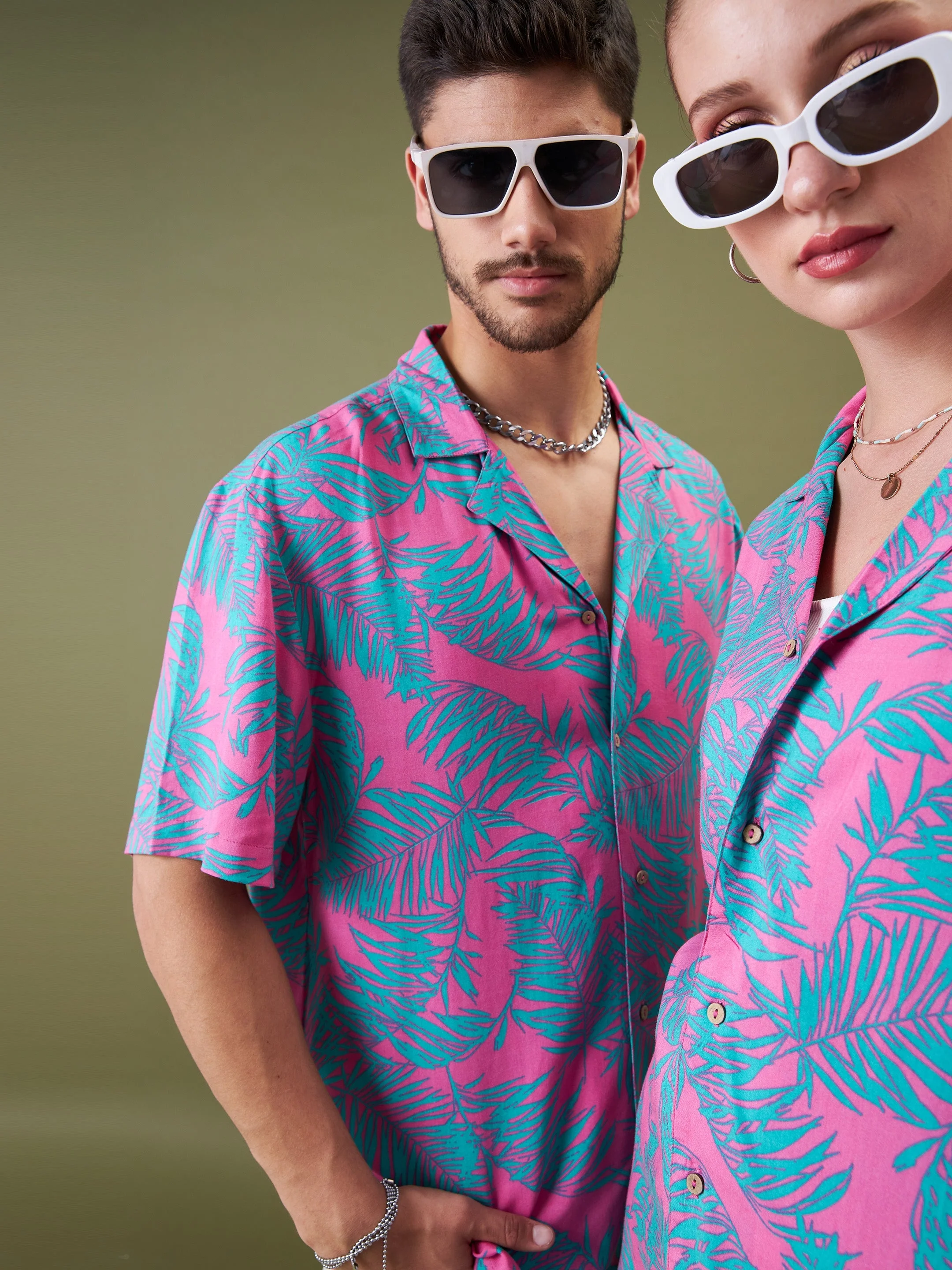 Unisex Fuchsia & Green Tropical Floral Relax Fit Shirt - Image 2