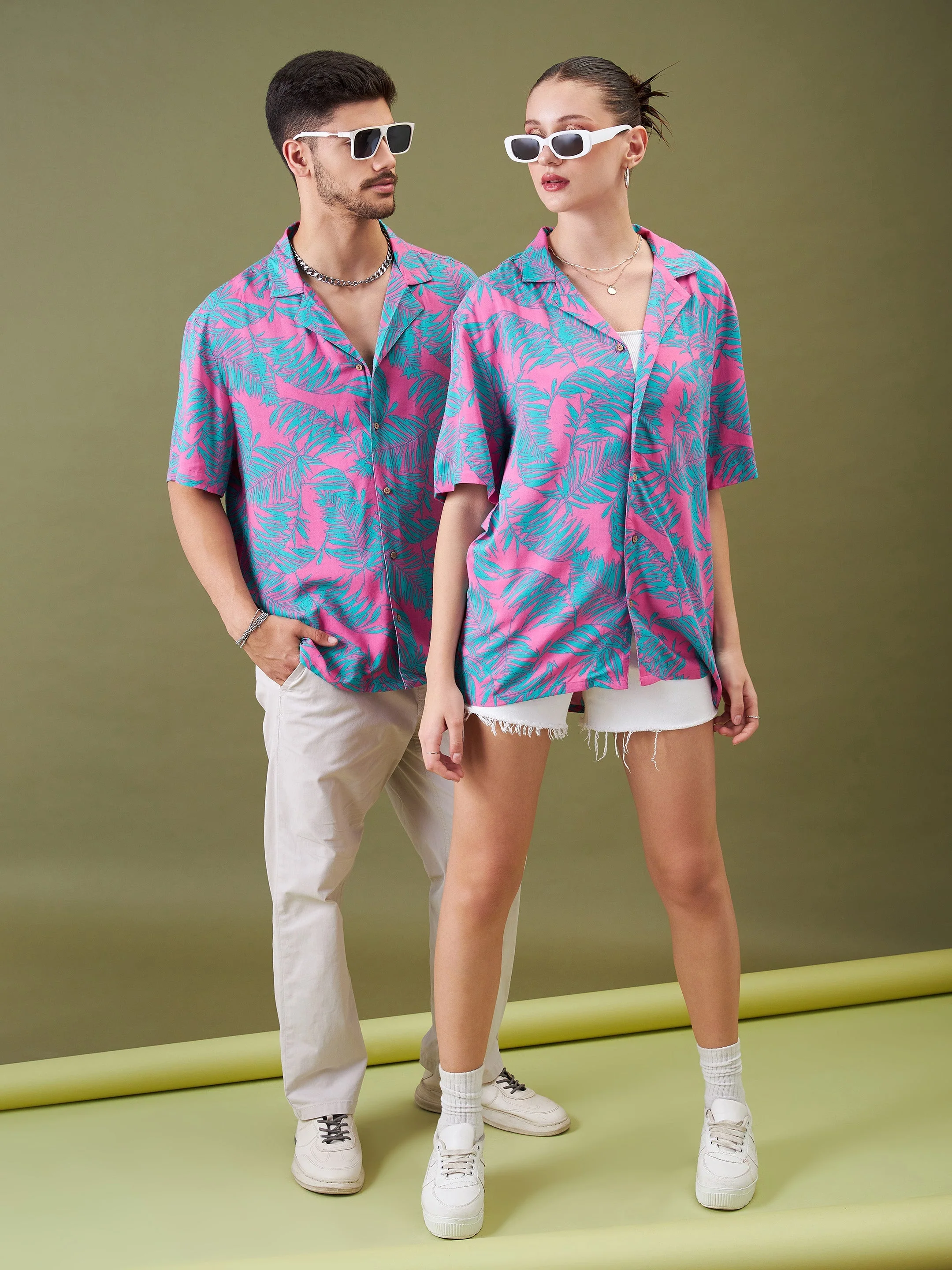Unisex Fuchsia & Green Tropical Floral Relax Fit Shirt - Image 3