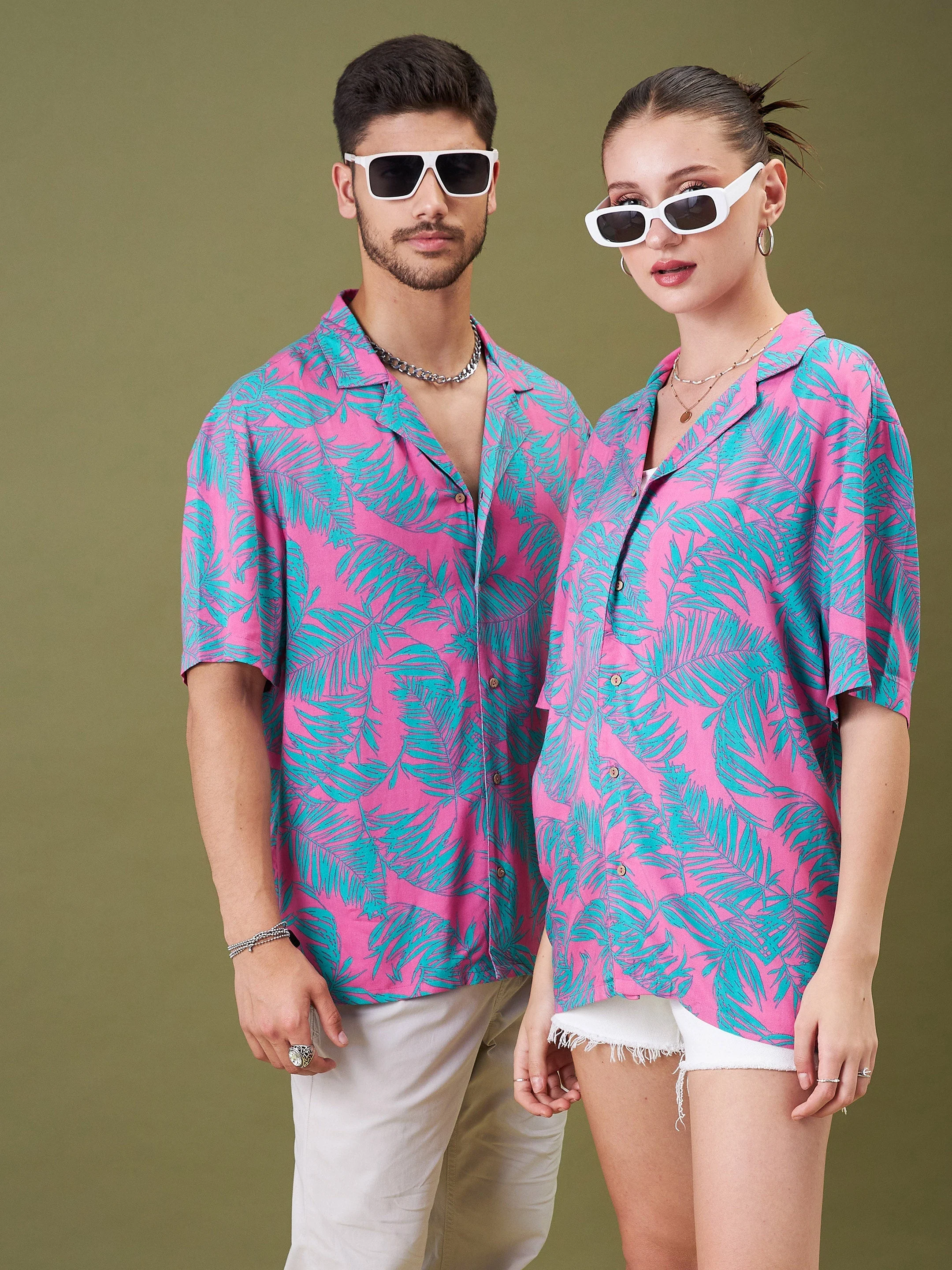 Unisex Fuchsia & Green Tropical Floral Relax Fit Shirt - Image 4