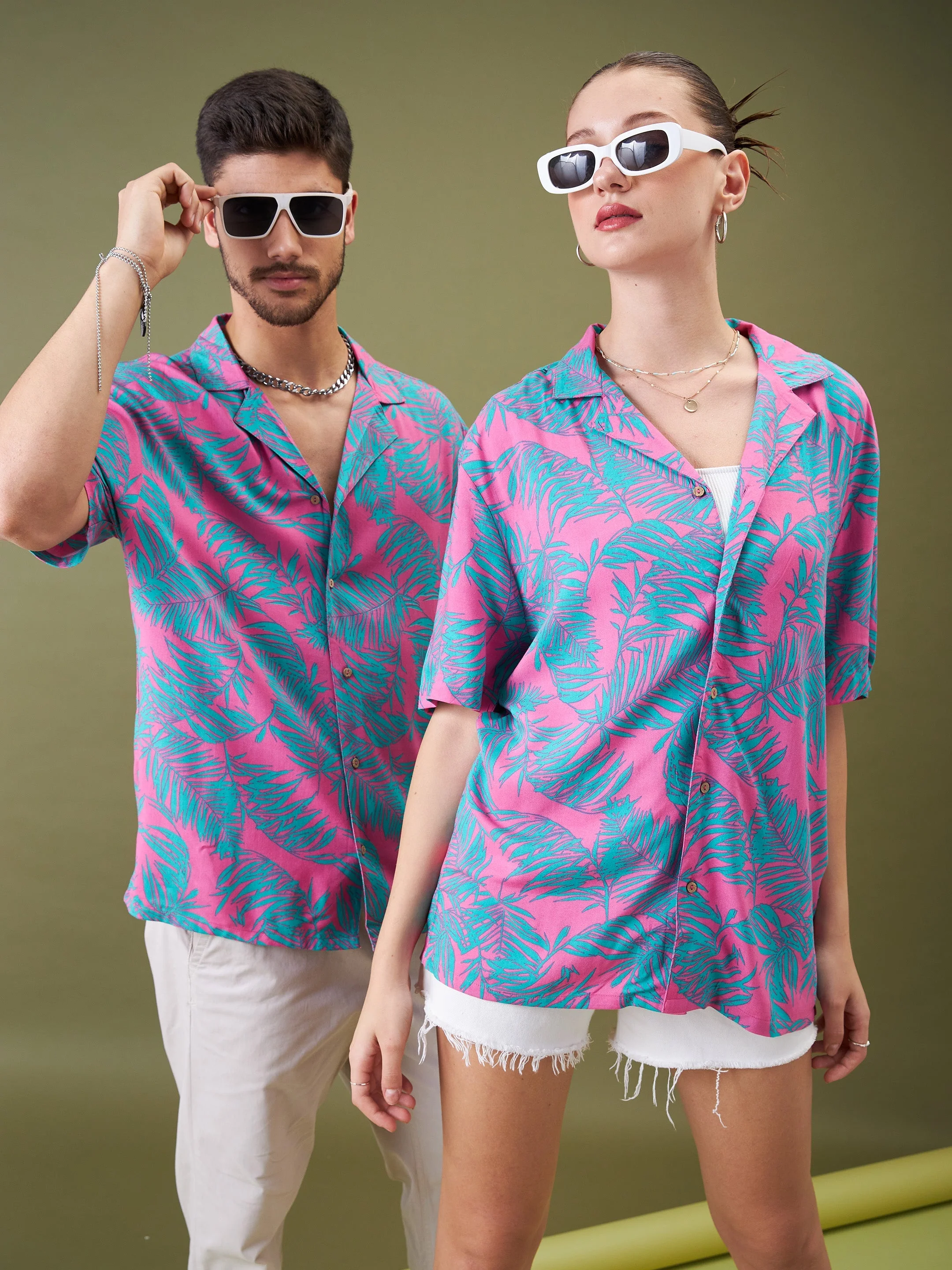 Unisex Fuchsia & Green Tropical Floral Relax Fit Shirt - Image 5