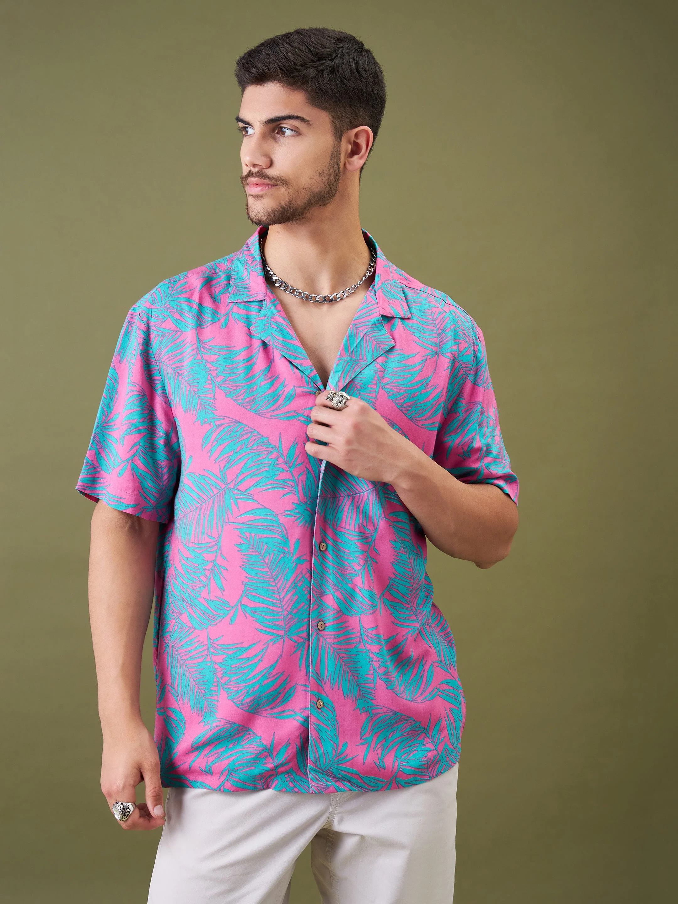 Unisex Fuchsia & Green Tropical Floral Relax Fit Shirt - Image 6