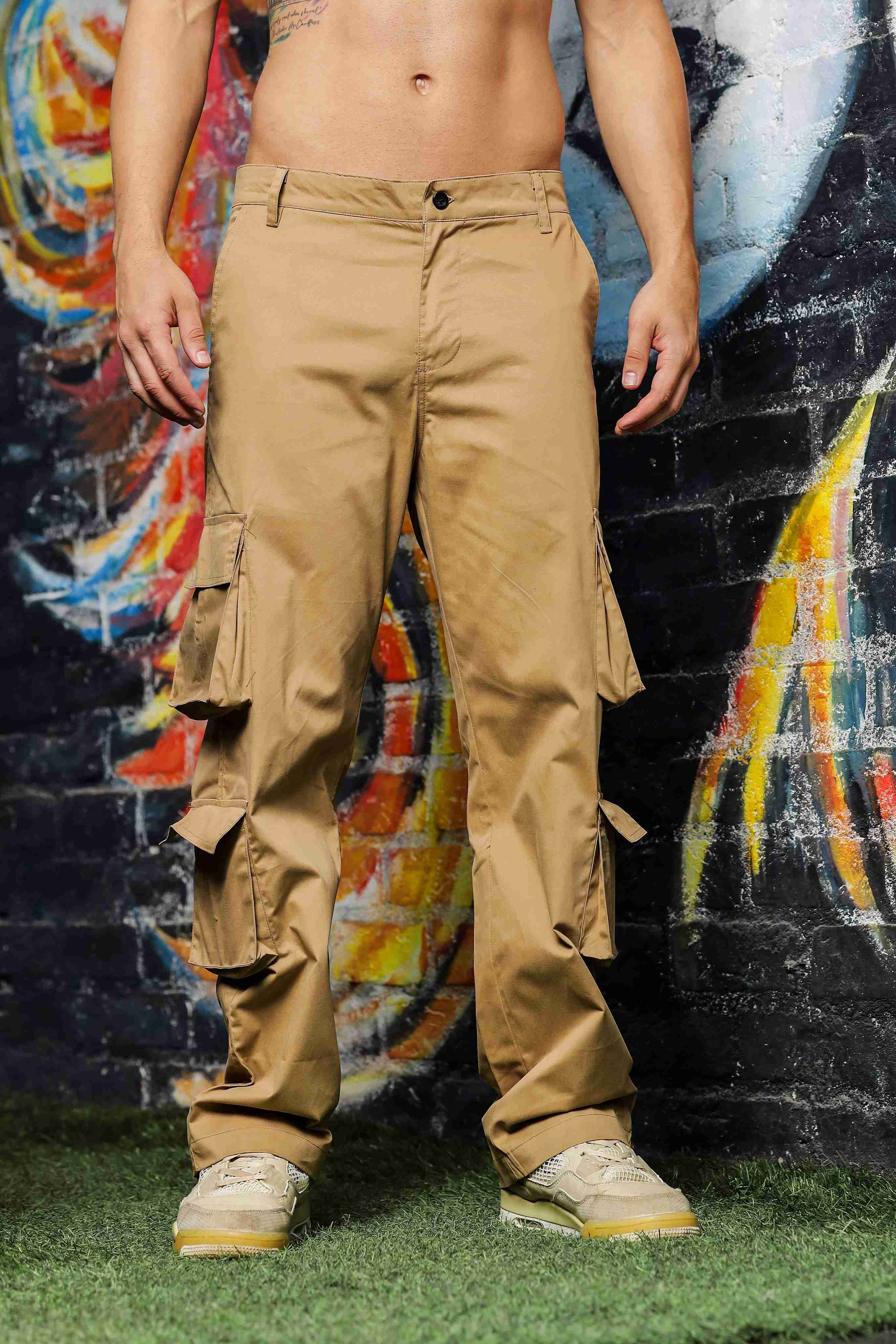 Unisex Khaki Baggy Fit Cargo Trousers - Image 2