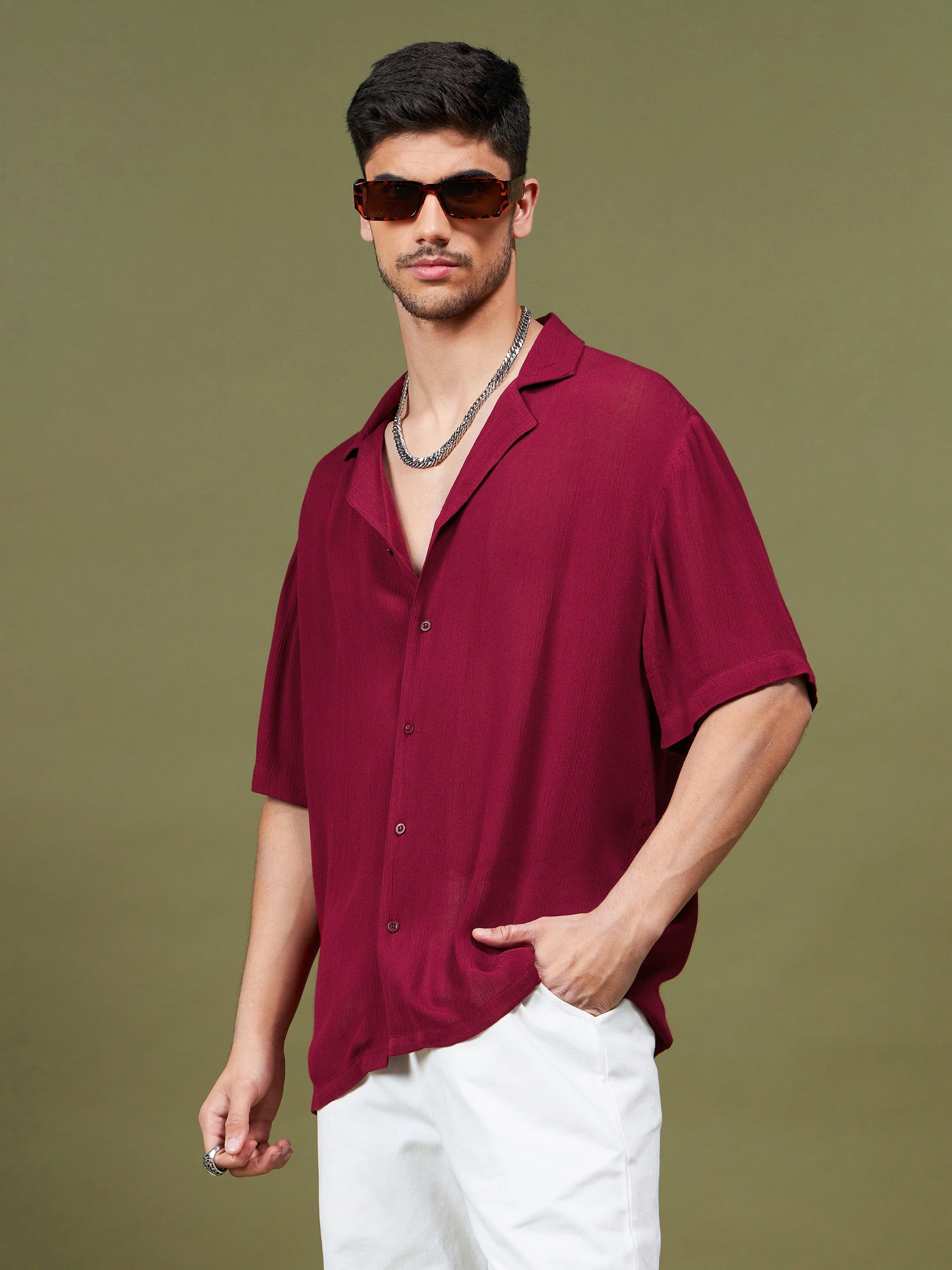 Unisex Maroon Solid Relax Fit Shirt - Image 3