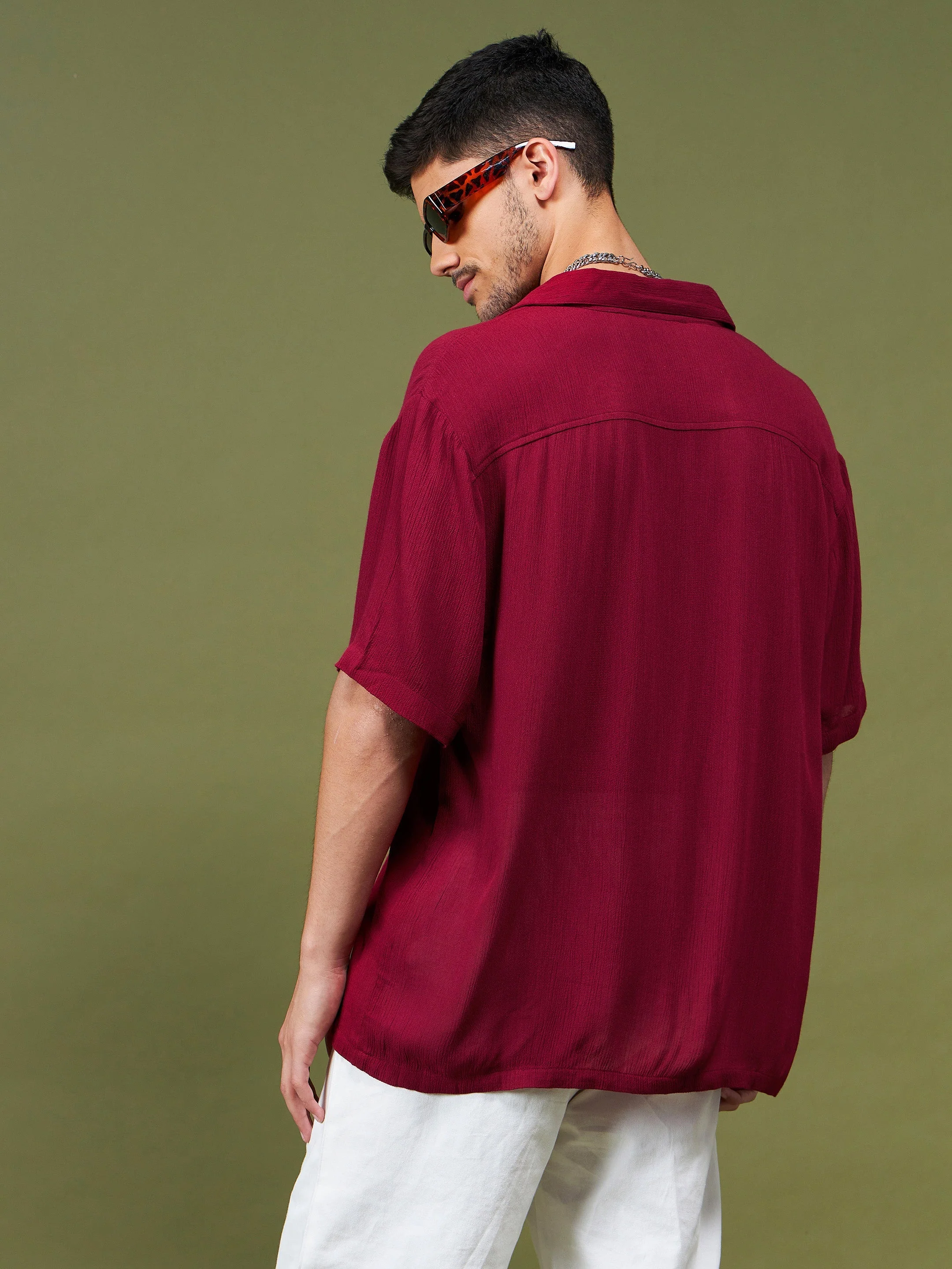 Unisex Maroon Solid Relax Fit Shirt - Image 5