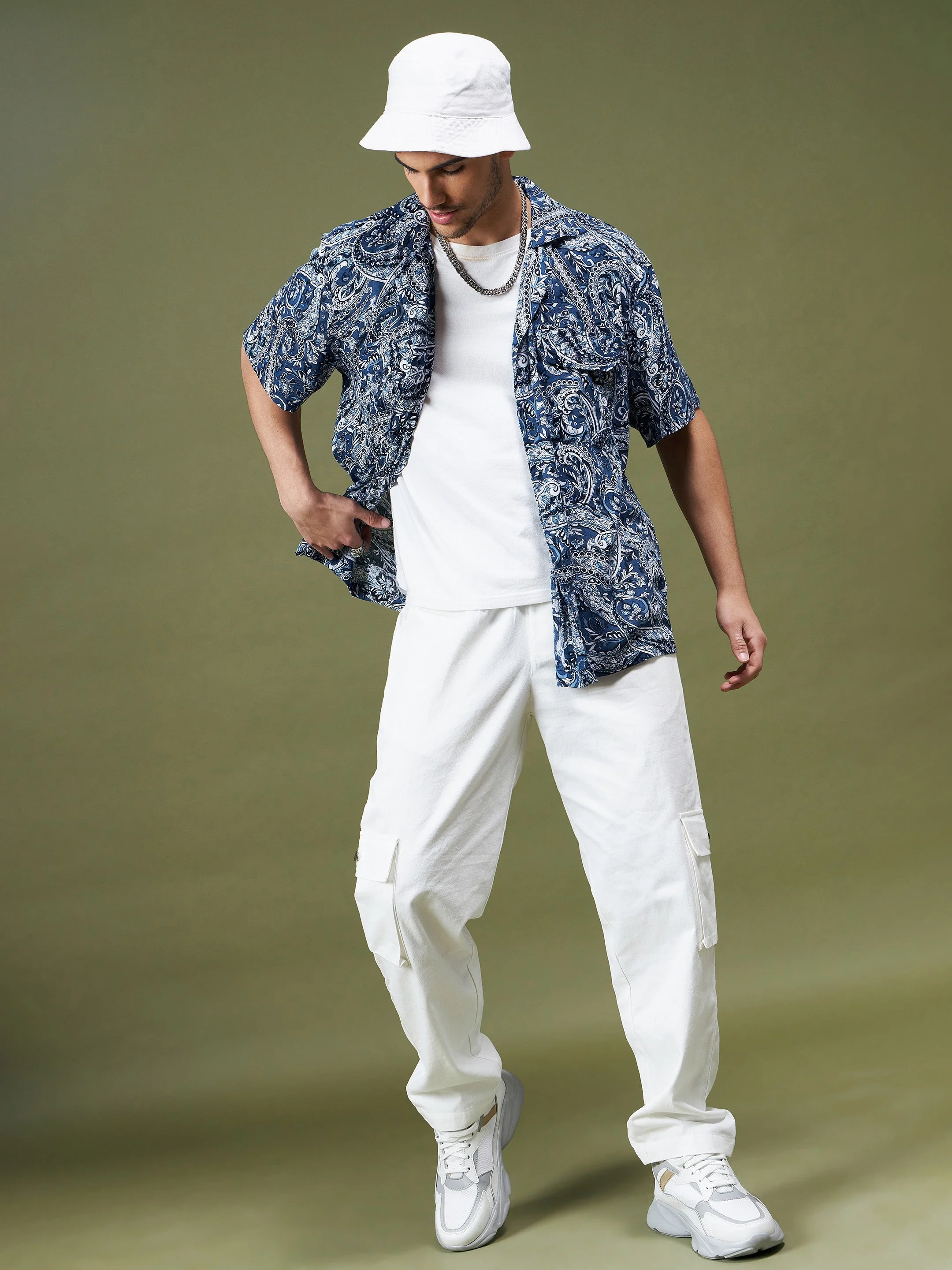 Unisex Navy Paisley Relax Fit Shirt - Image 3